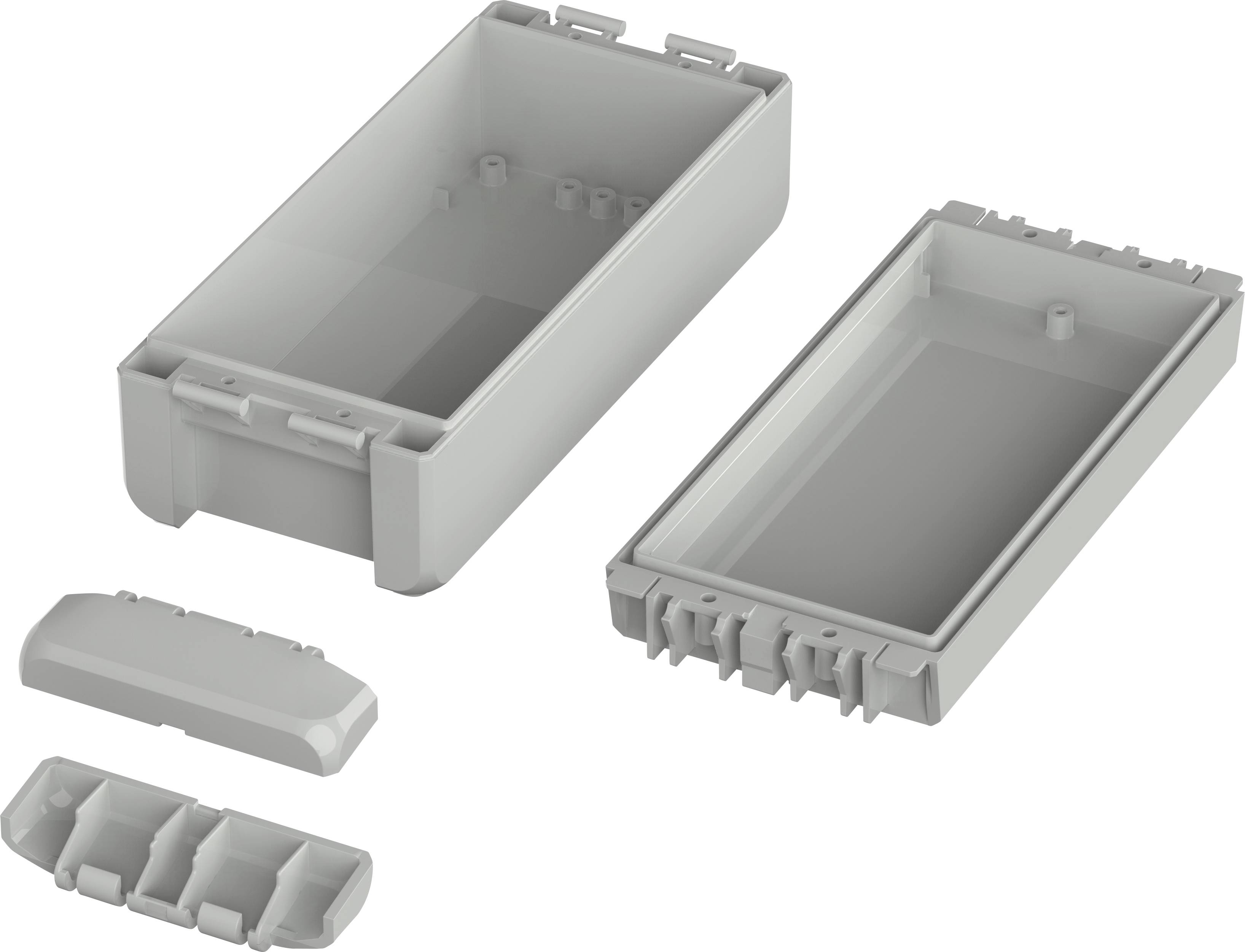 Graues, rechteckiges Gehäuse in zwei Hälften zerlegt, mit abnehmbaren Seitenteilen, wahrscheinlich für elektronische Geräte bestimmt.