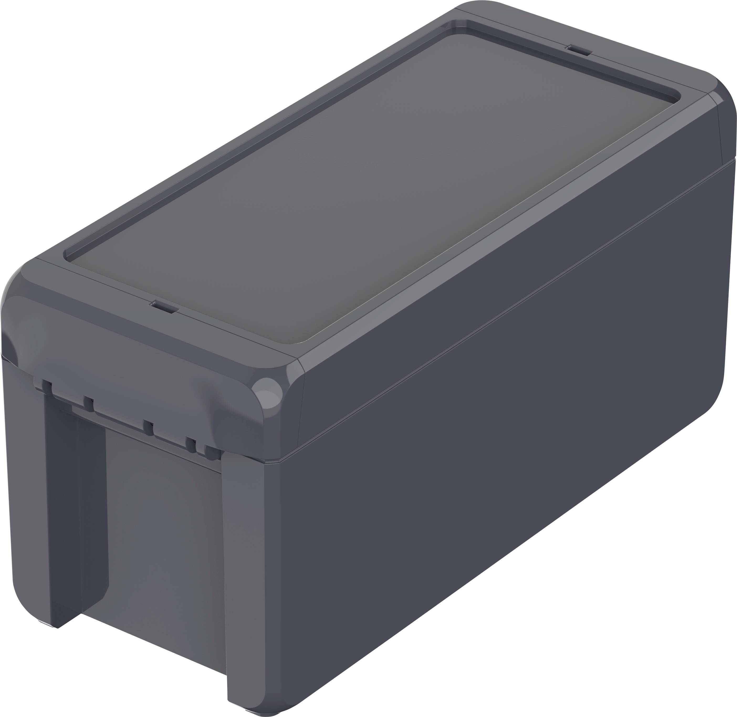 Schwarze rechteckige Plastikbox mit Deckel, möglicherweise eine Aufbewahrungsbox.