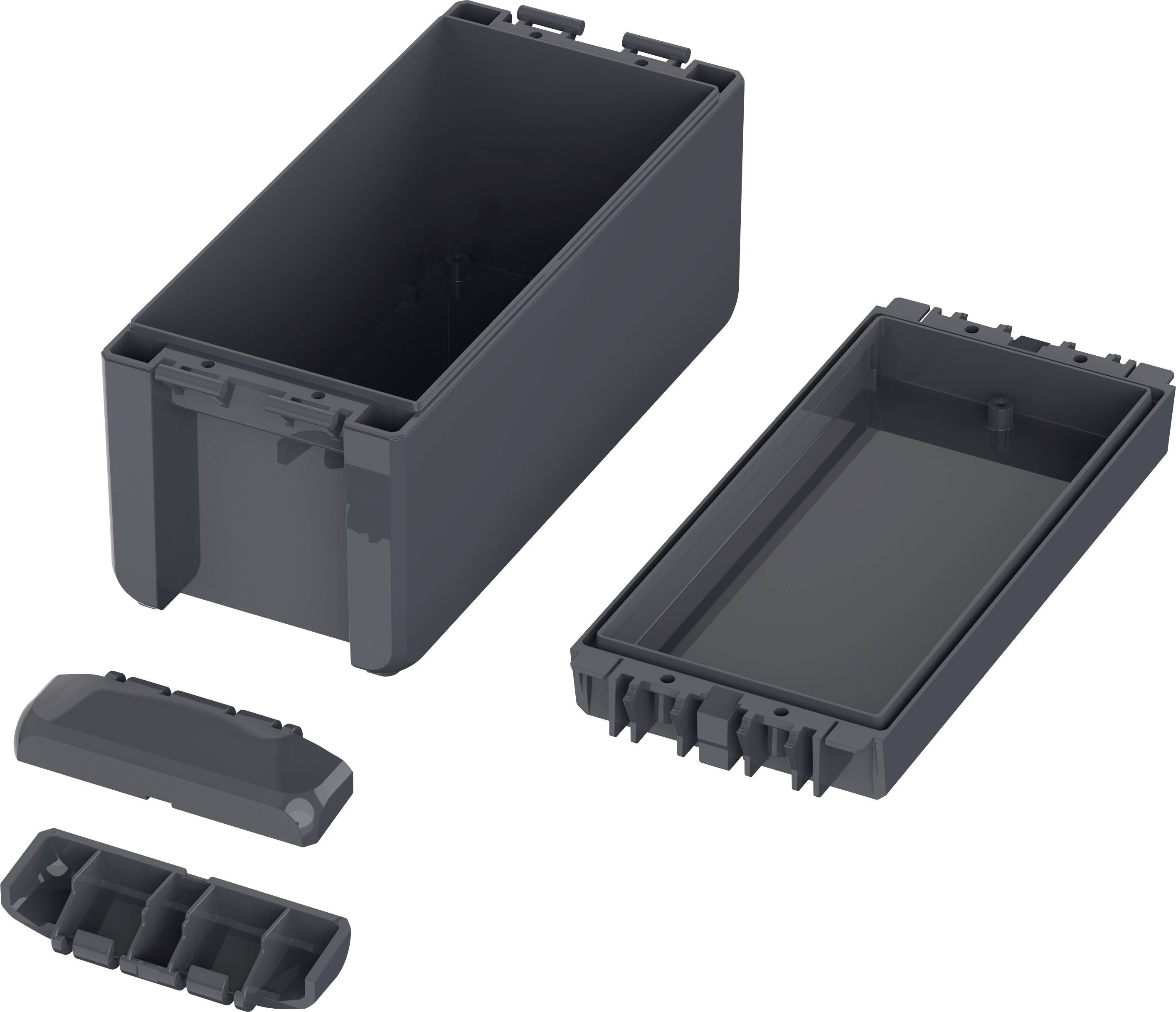 Dunkelgraue, rechteckige Kunststoffbox, geöffnet, mit abnehmbarem Deckel und kleinen herausnehmbaren Teilen. Suitable for storage applications.