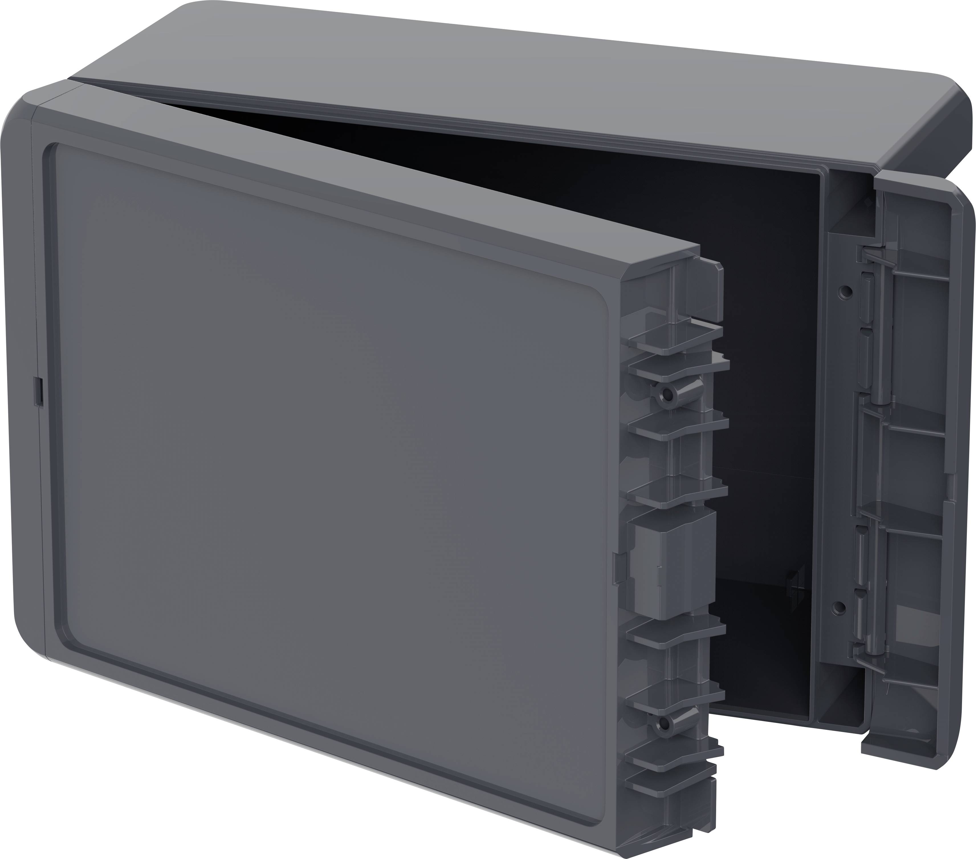 Graues Gehäuse mit geöffneter Abdeckung, zeigt strukturiertes Inneres für elektronische Komponenten.