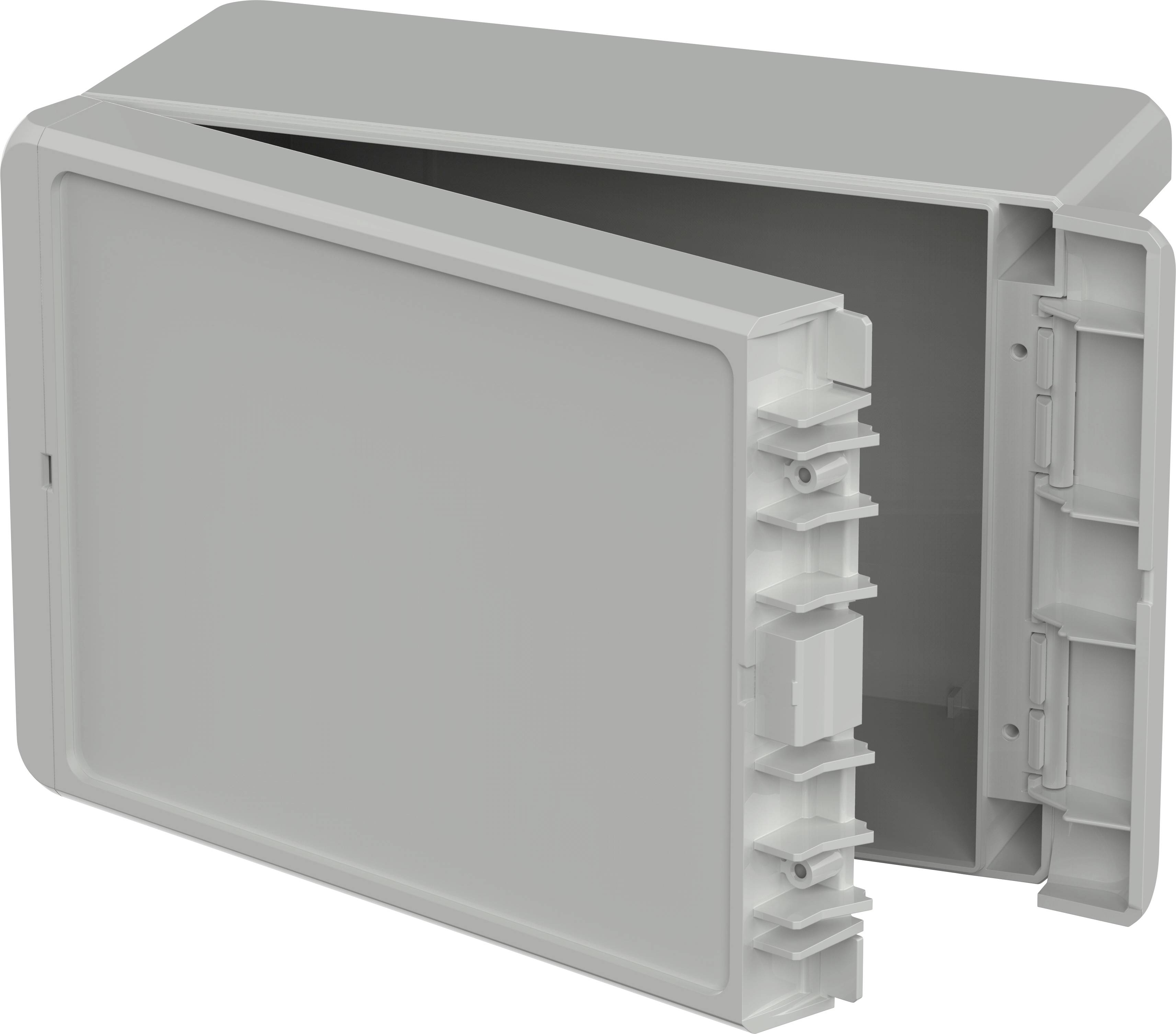 Graues, rechteckiges Kunststoffetui mit leicht geöffnetem Deckel, zeigt Innenfächer zur Aufbewahrung.