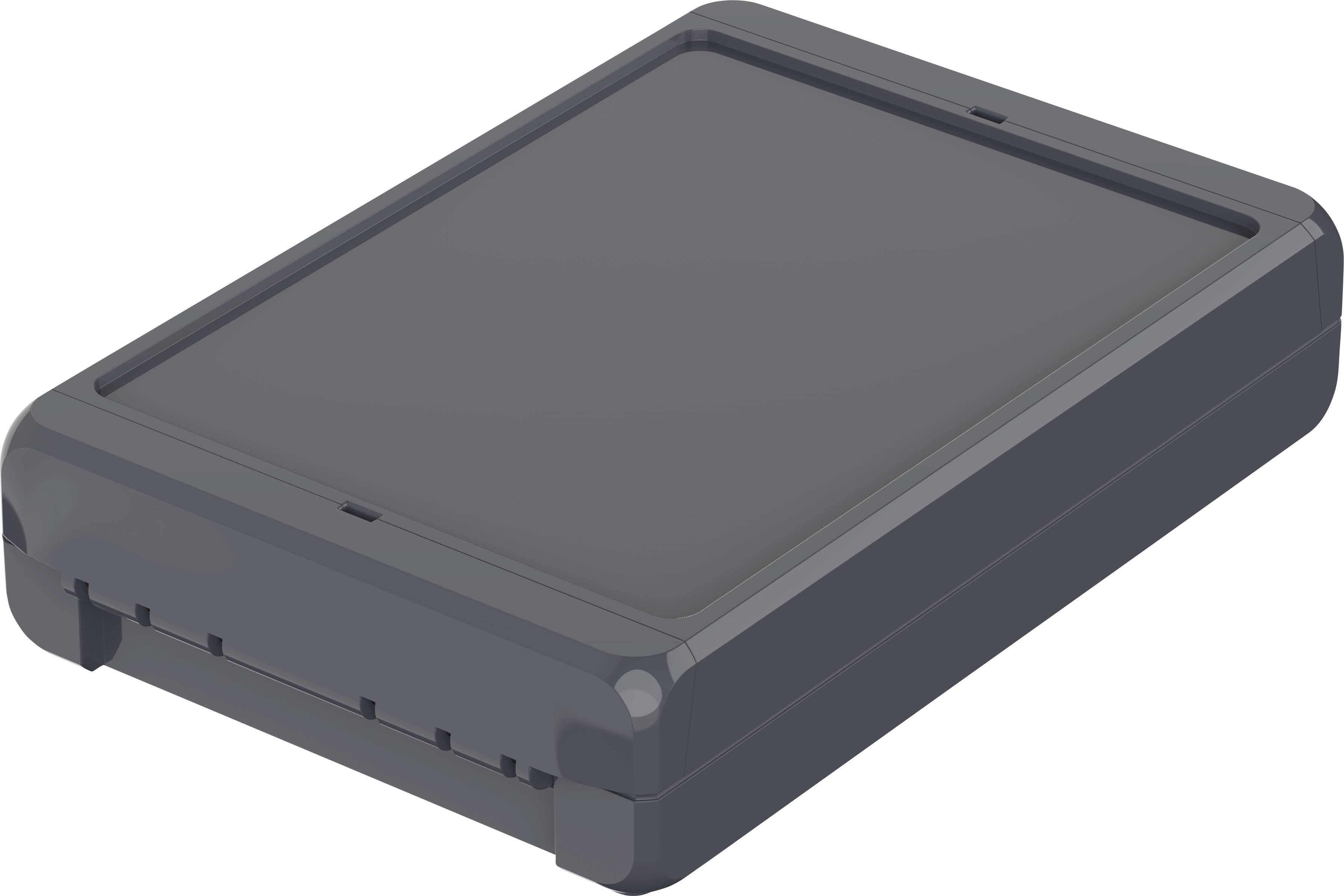 Ein dunkles, rechteckiges Gerät in einer flachen, kompakten Form, das möglicherweise ein elektronisches oder technisches Gerät darstellt.