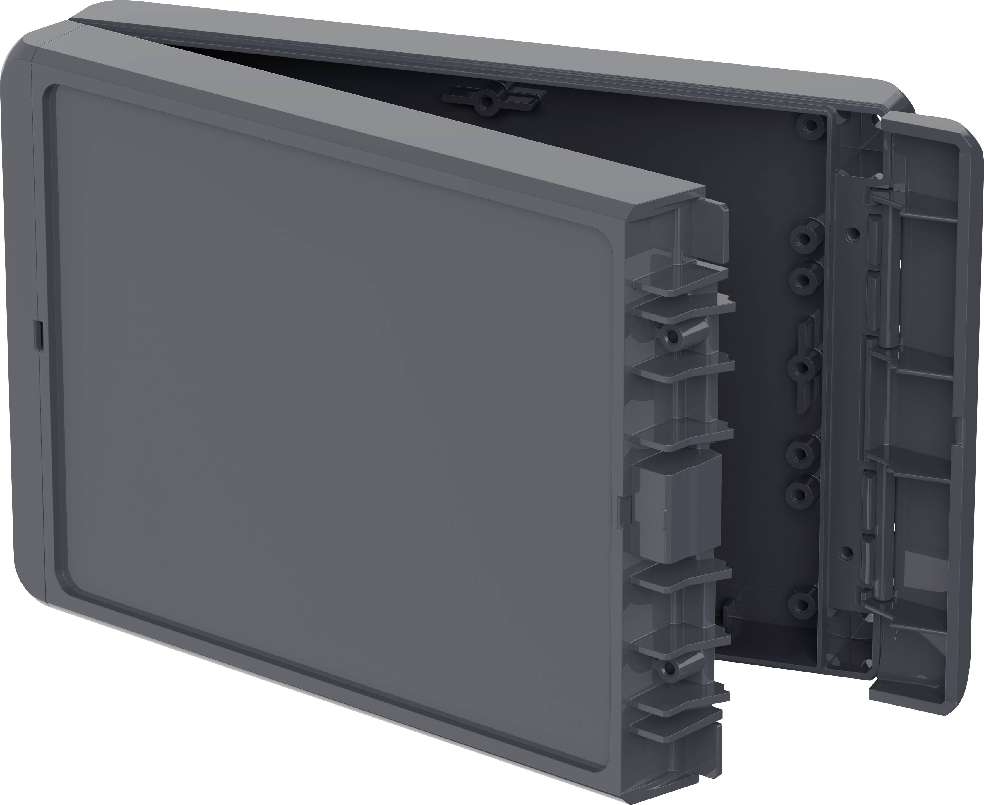 Elektronisches Gerät mit aufklappbarem Gehäuse in dunkler Farbe. Sichtbare Steckverbindungen und Halterungen an der Innenseite.