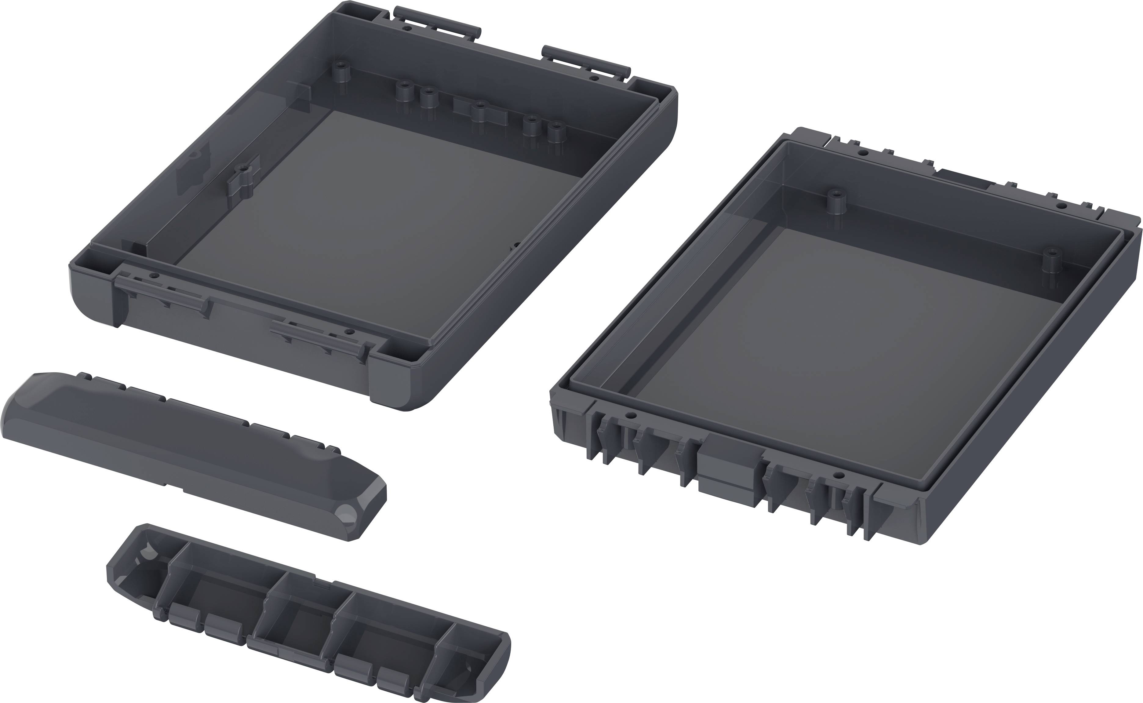 Gehäuse-Set bestehend aus zwei rechteckigen Kunststoffteilen mit Clips, zur Befestigung von Elektronikkomponenten geeignet.