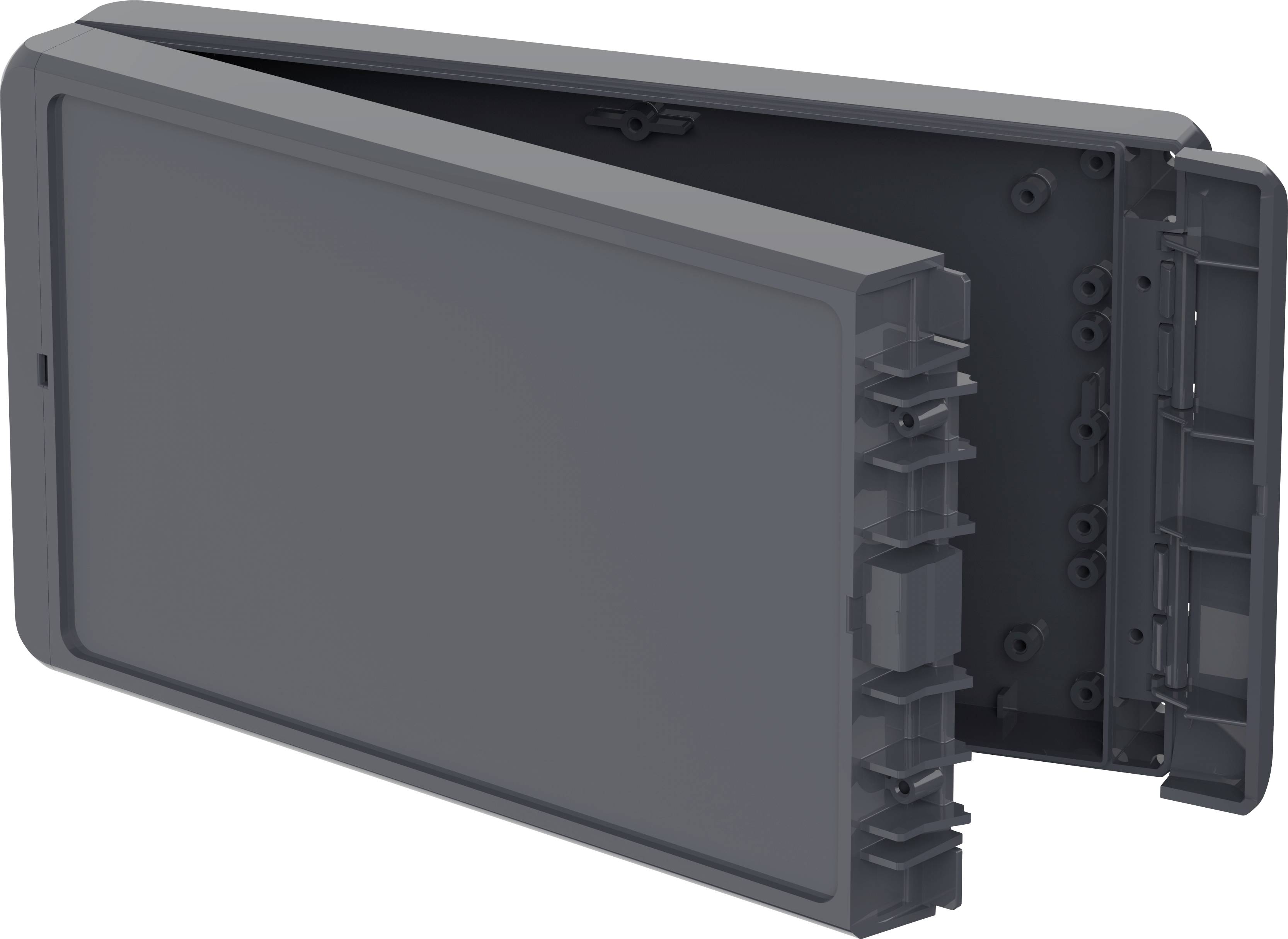 Offenes, rechteckiges, graues Gehäuse aus Kunststoff. Ideal zum Schutz elektronischer Bauteile.