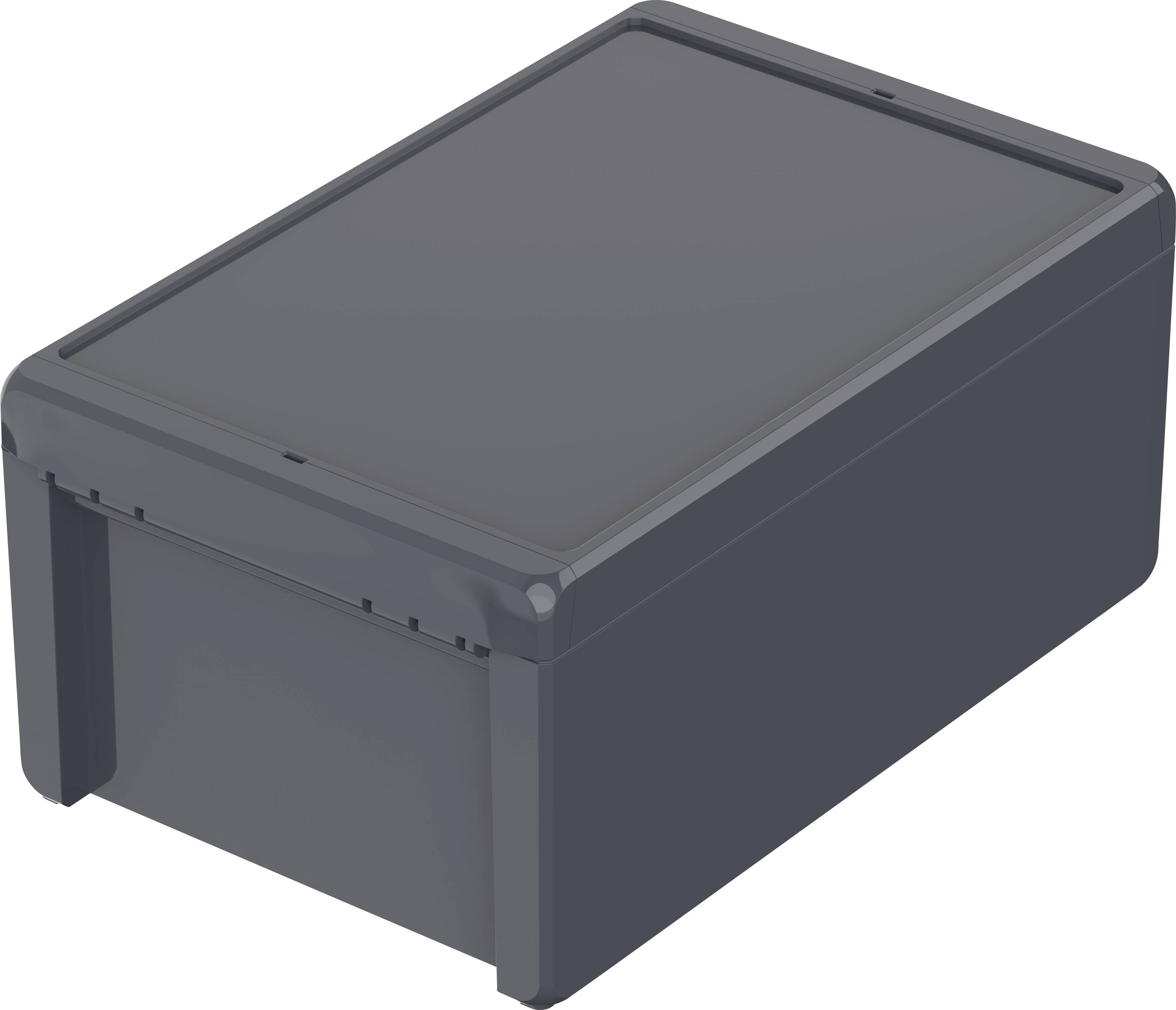 Eine rechteckige, dunkelgraue Kunststoffbox mit abnehmbarem Deckel, geeignet für die Aufbewahrung von kleinen Gegenständen oder Elektronik.