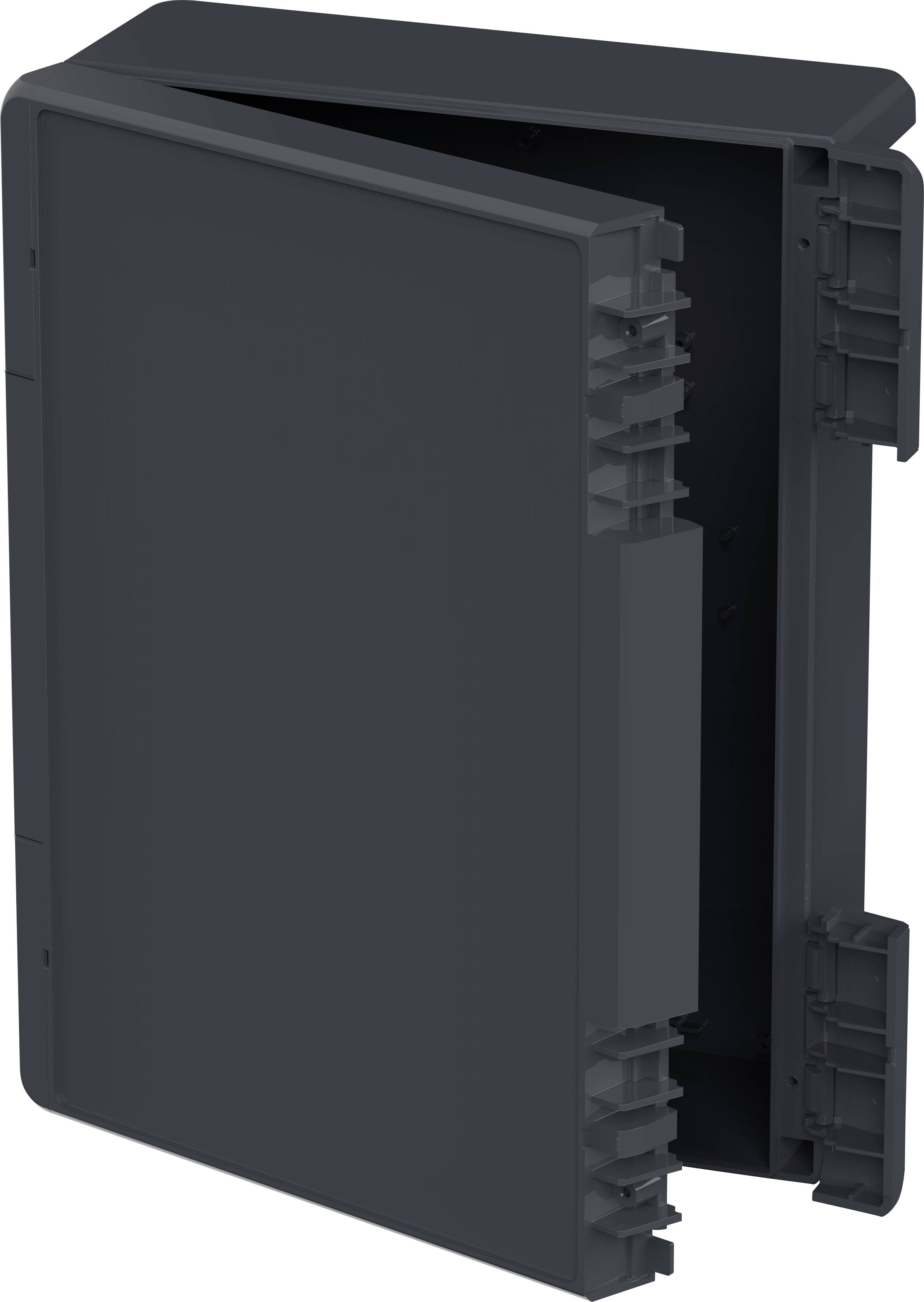 Ein schwarzes, leeres, hochkant stehendes Buch mit geöffnetem Einband, das seine Innenseiten zeigt.