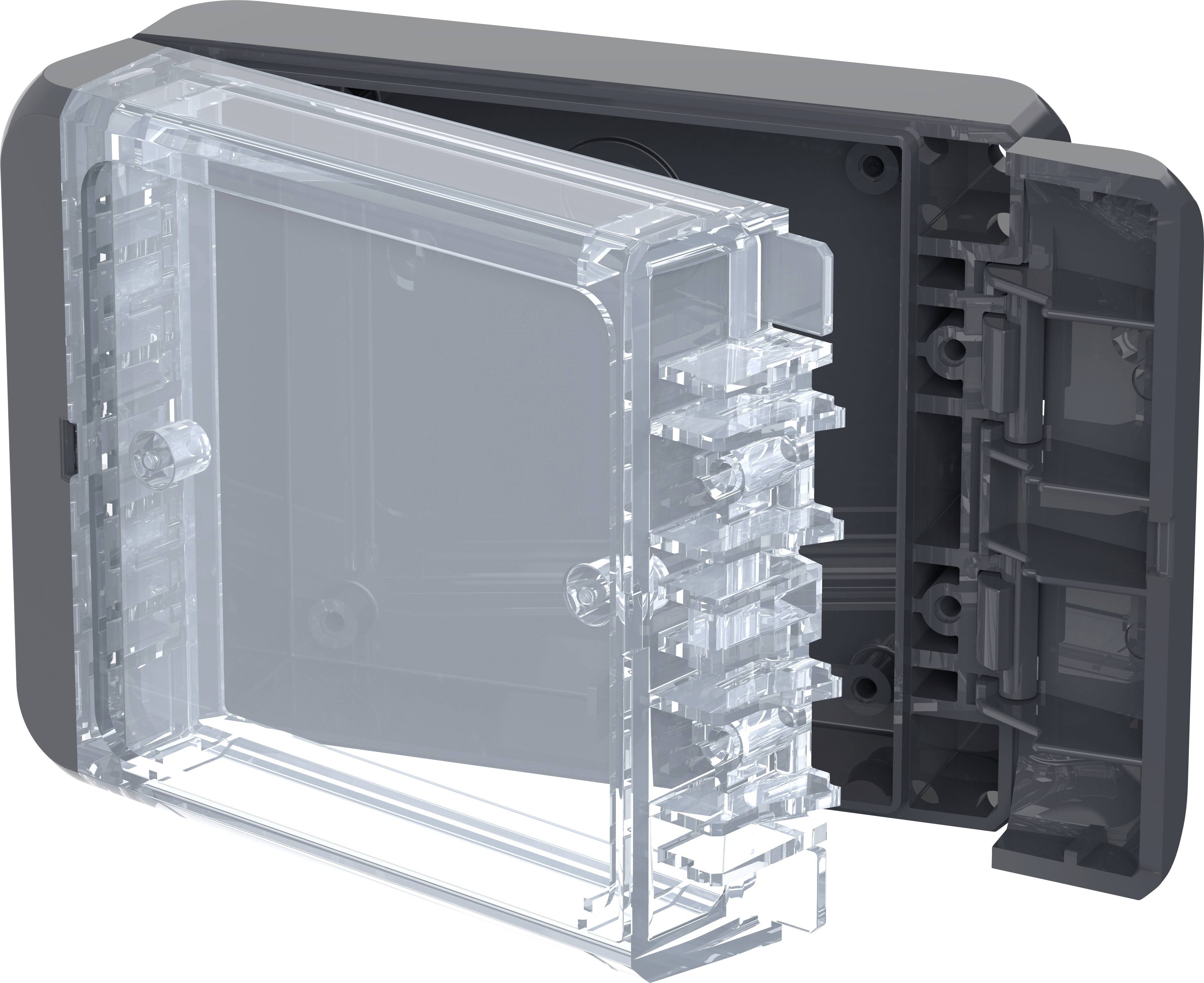 Elektrischer Gehäusekasten aus transparentem Kunststoff, teilweise geöffnet, zeigt innere Struktur und Schließmechanismus.