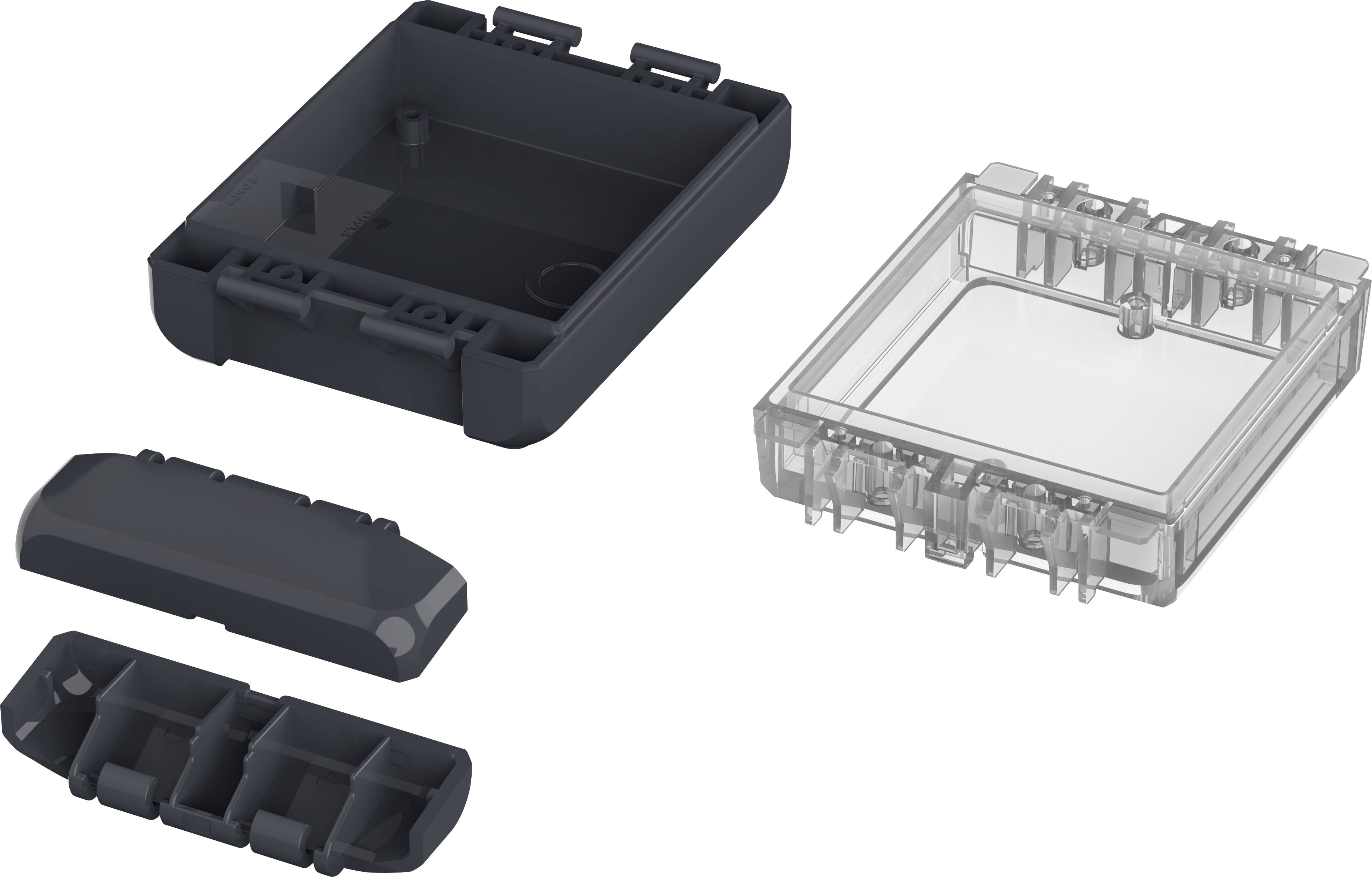 Vier Bauteile eines Gehäuses: zwei schwarze und zwei transparente Teile, die zusammengefügt werden können, um ein vollständiges Gehäuse zu bilden.
