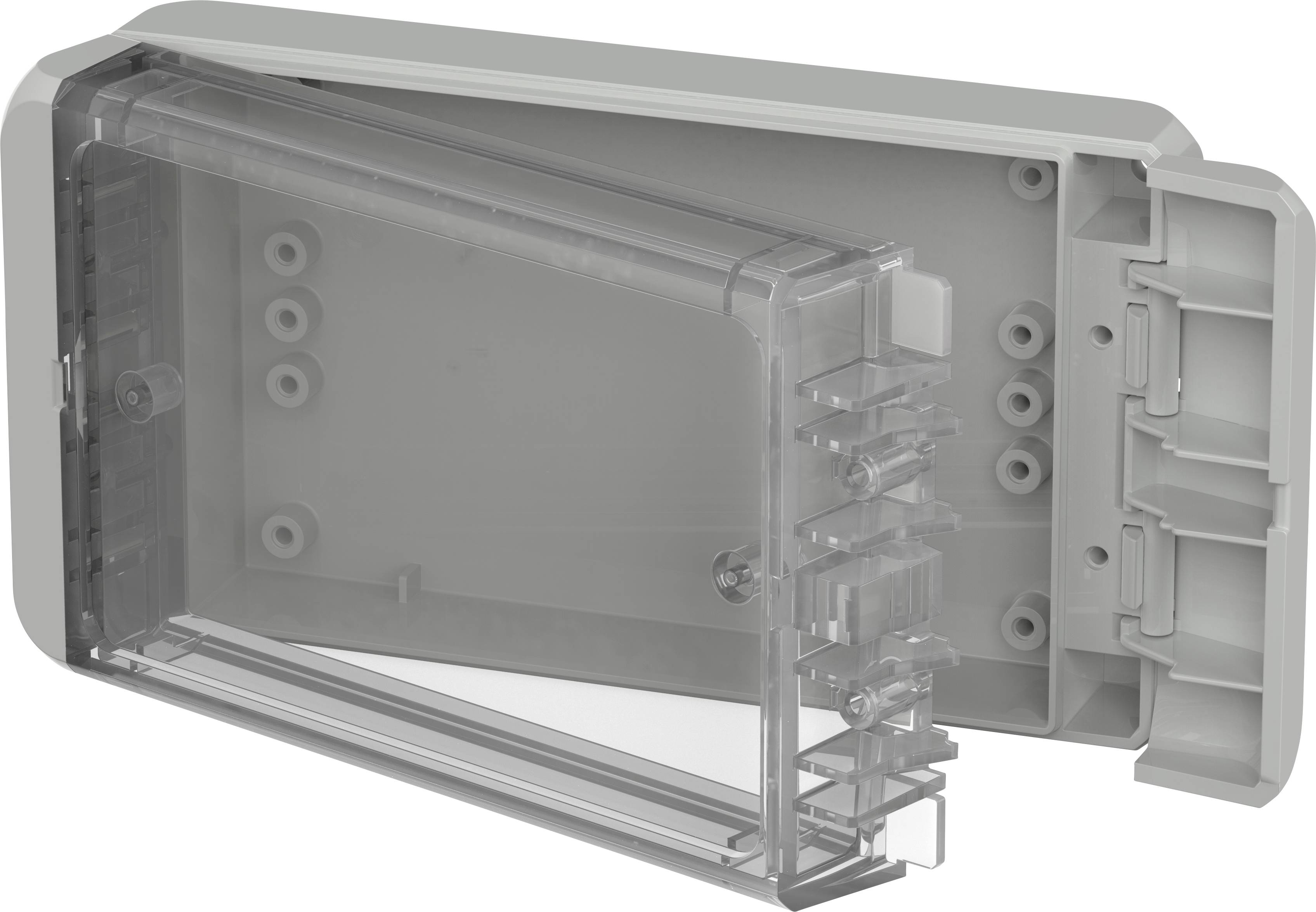 Grau-transparente Schutzabdeckung für elektronische Wandgeräte, geöffnet, zeigt Scharniere und Montagelöcher auf der rechten Seite.