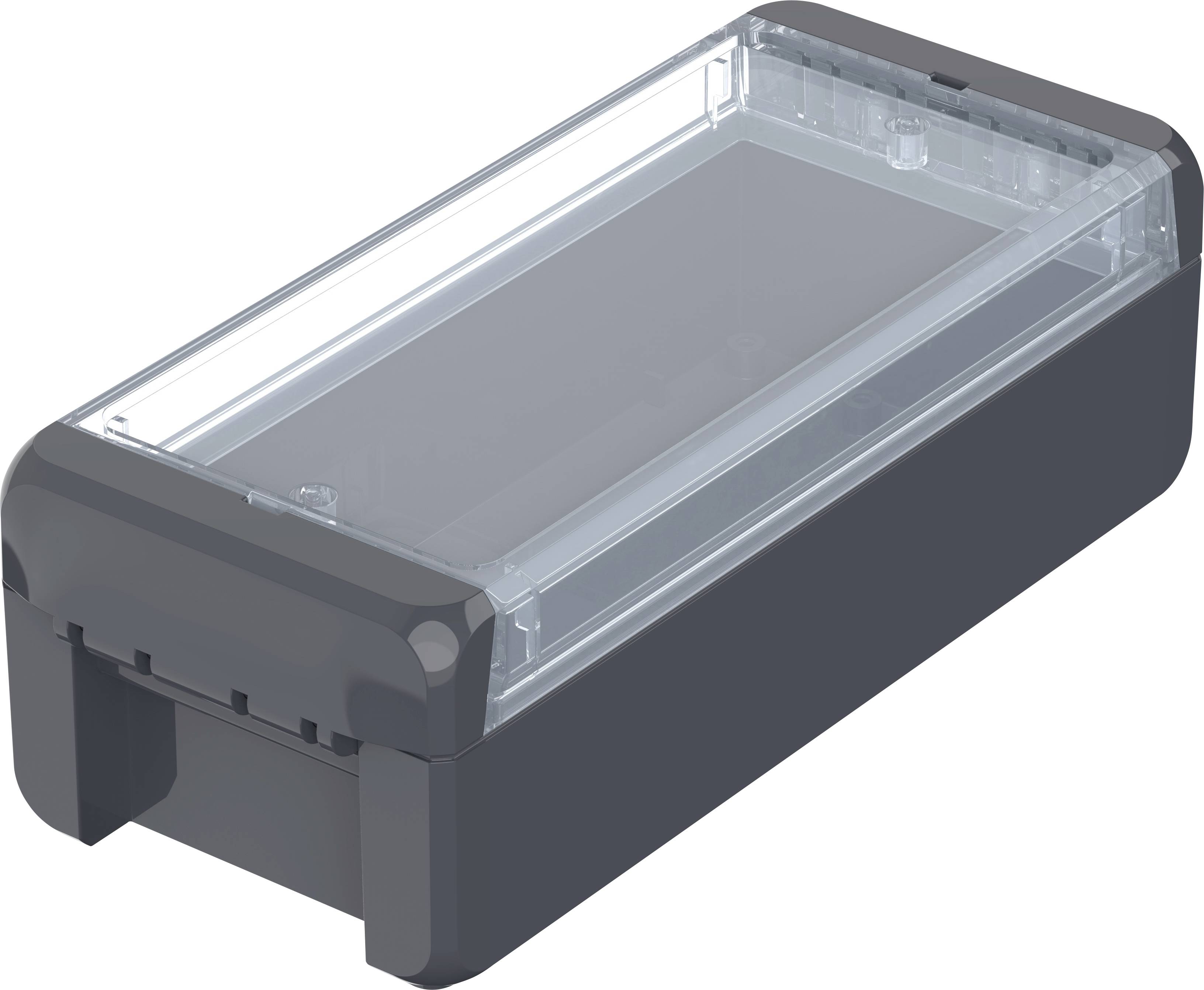 Eine rechteckige, schwarze Kunststoffbox mit transparentem Deckel.