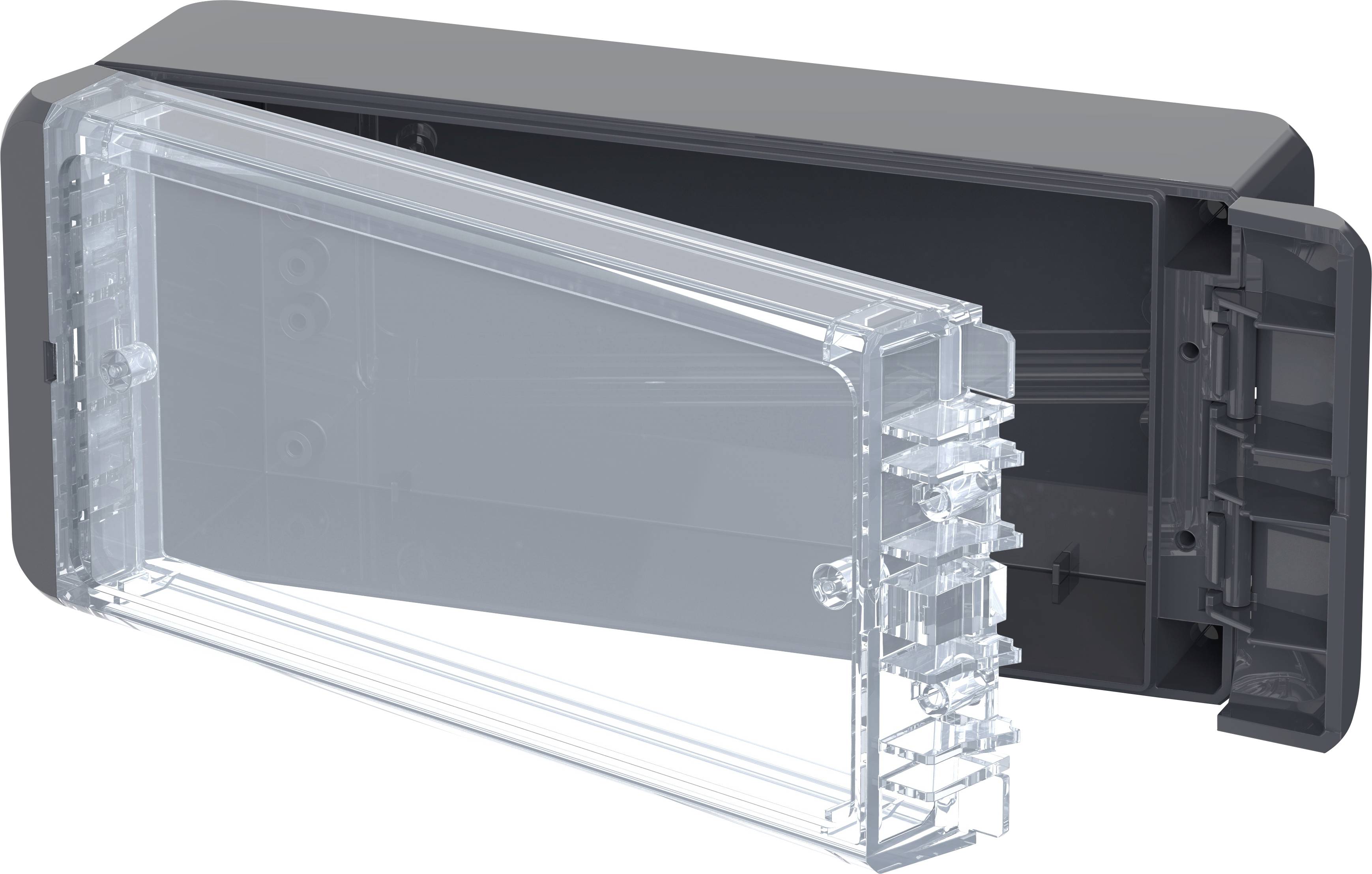 Transparente Kunststoffbox mit abnehmbarem Deckel, geöffnet. Geeignet zum Aufbewahren von Kleinteilen oder elektronischen Komponenten.