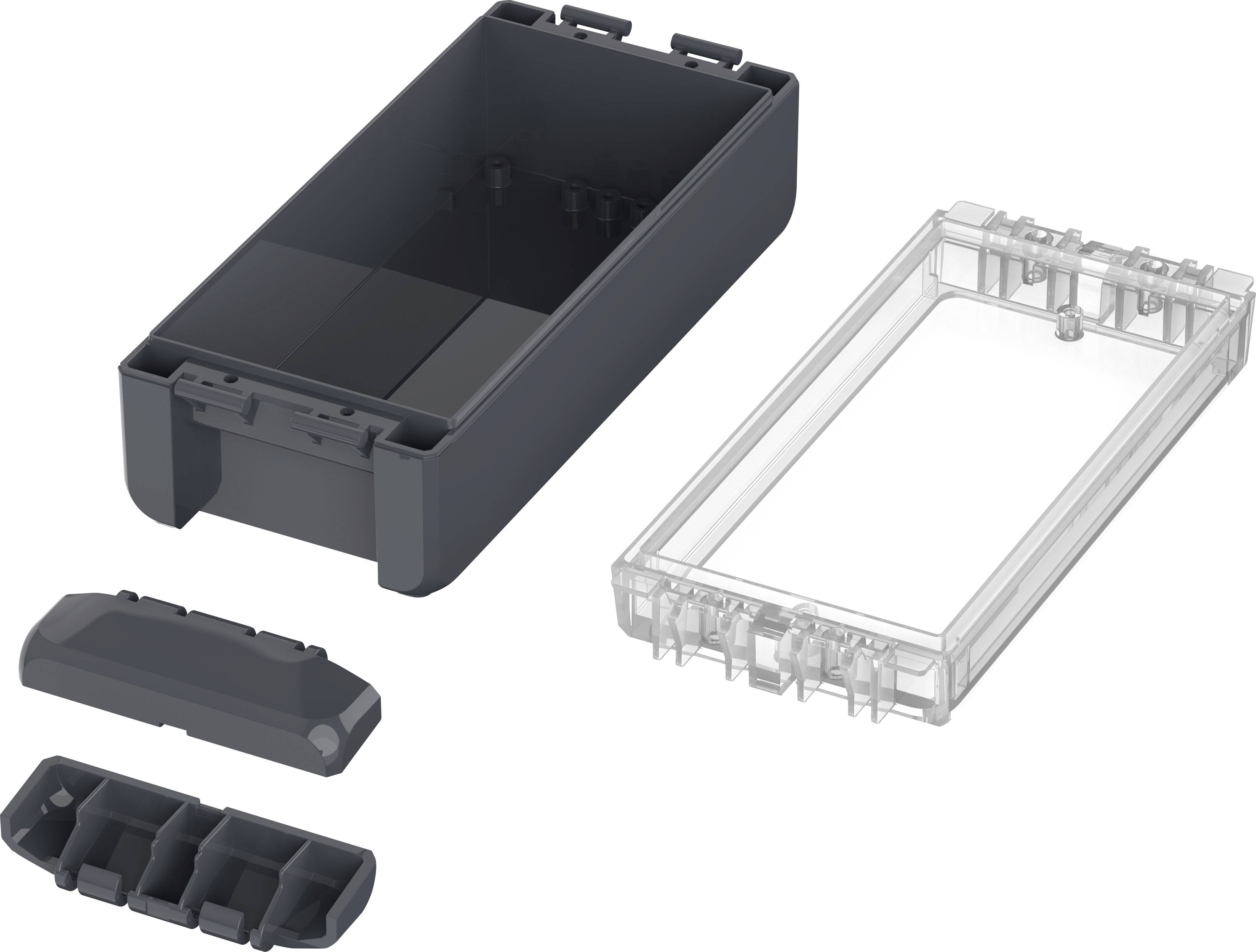 Schwarzes Gehäuse mit transparentem Deckel in Einzelteilen zerlegt. Teile umfassen Hauptgehäuse, Deckel und zwei kleinere Komponenten.