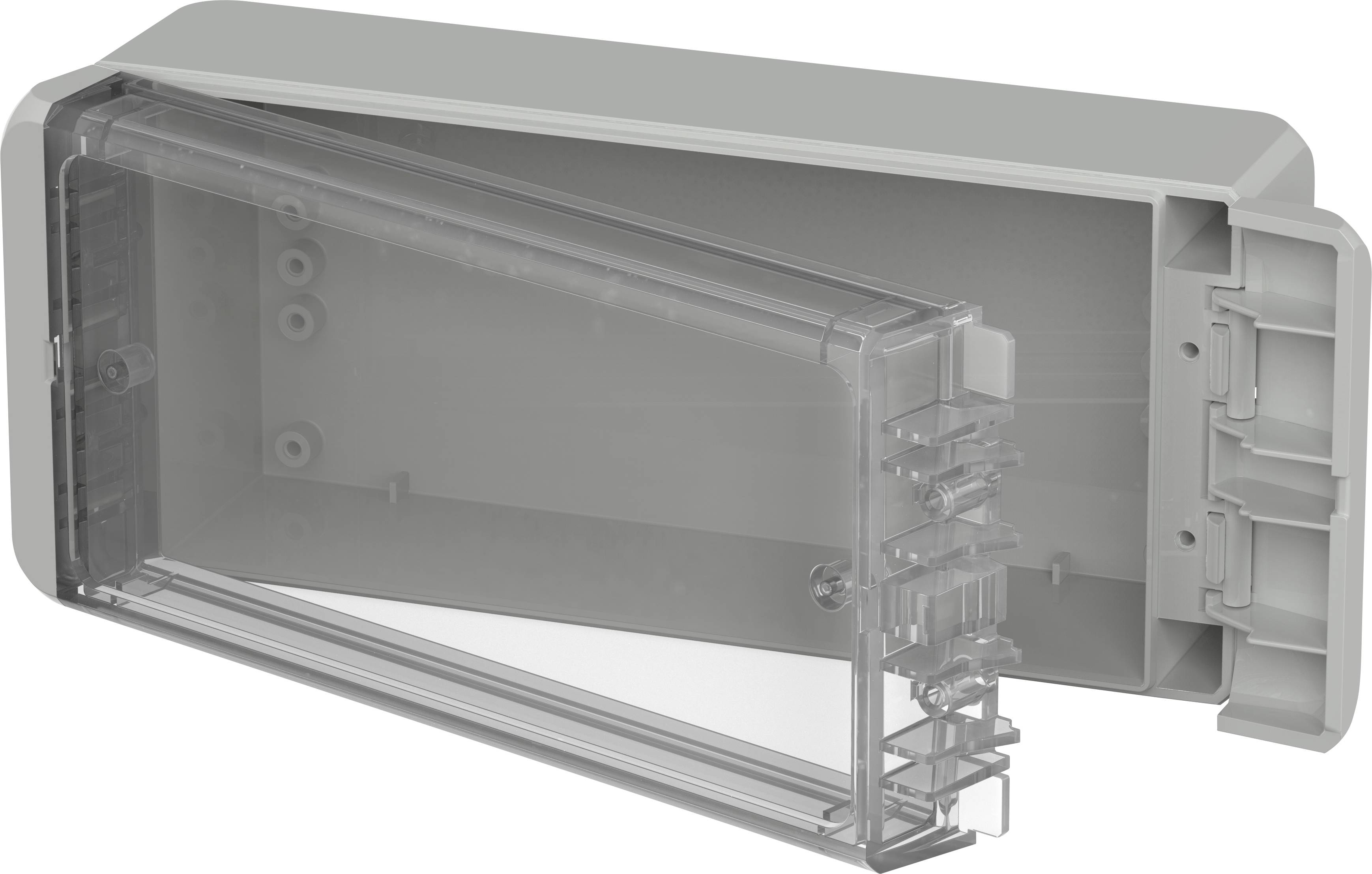 Gehäuse aus Kunststoff mit transparentem Deckel, geöffnet. Eignet sich zur Unterbringung von Elektronikkomponenten oder Kabeln.