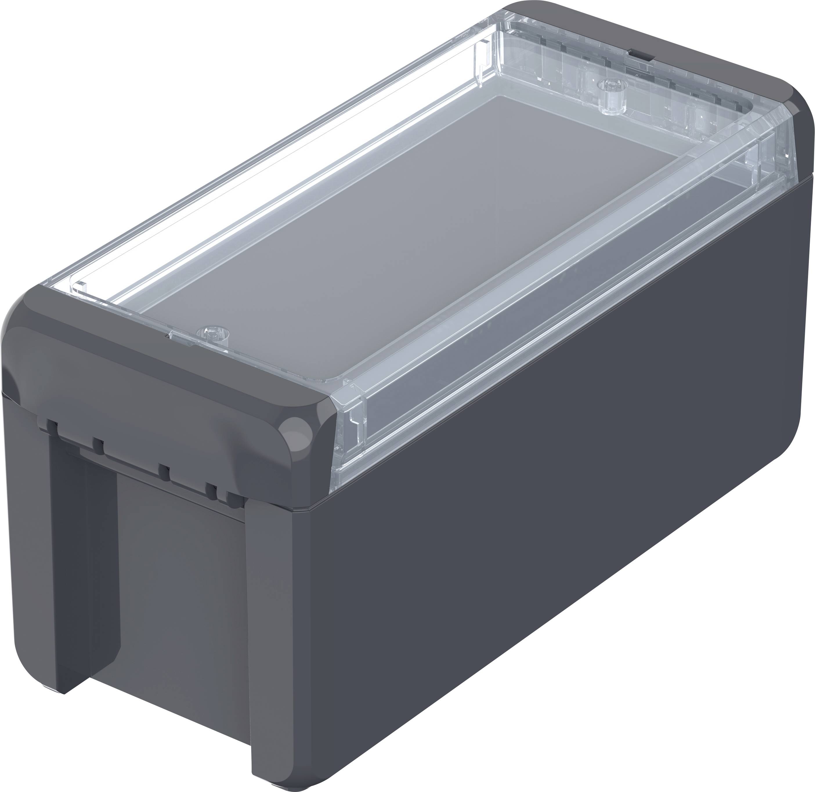 Schwarze, rechteckige Plastikbox mit transparentem Deckel, wahrscheinlich als Aufbewahrungsbehälter gedacht.