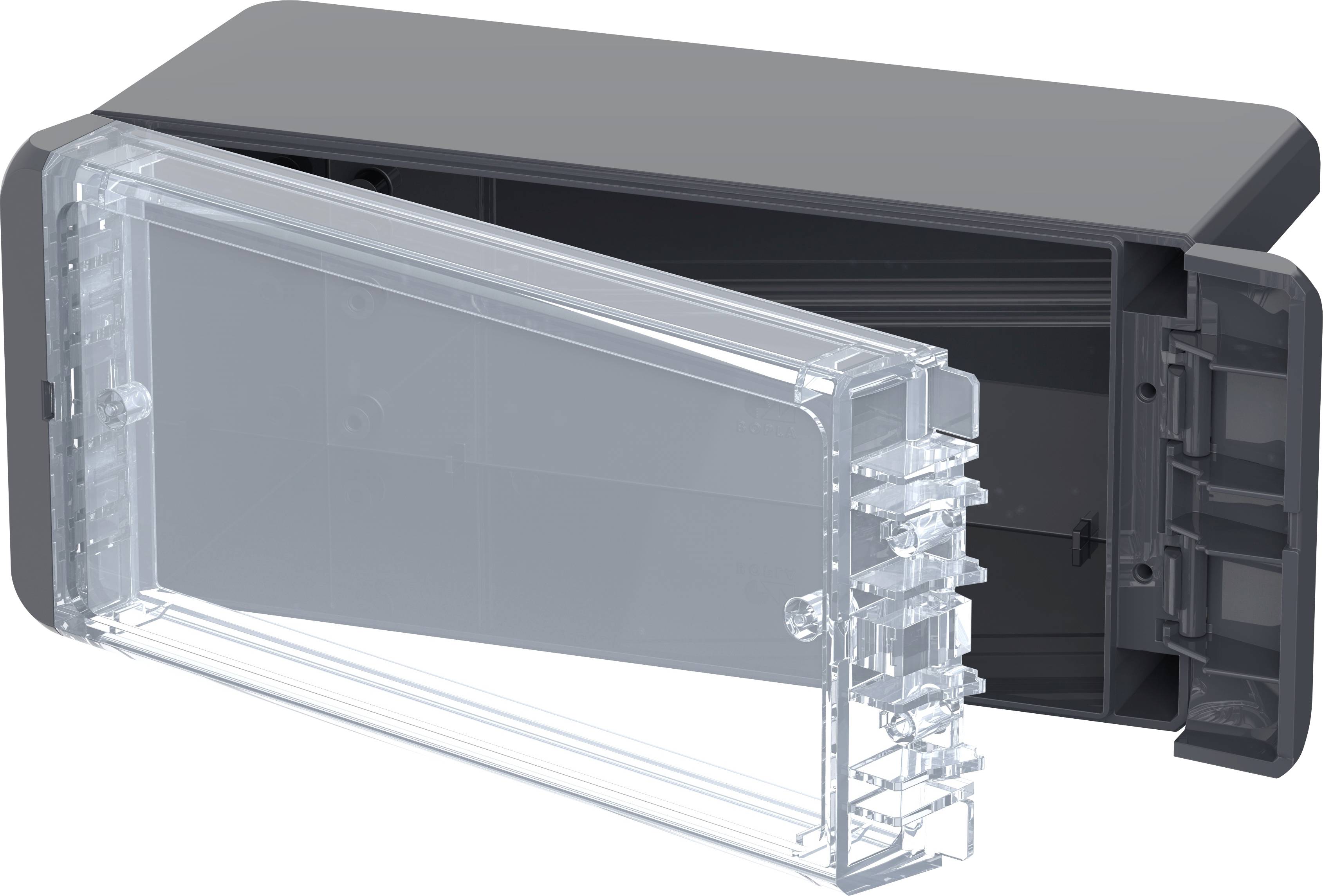 Eine graue Kunststoffbox mit einem transparenten Deckel, der schräg geöffnet ist. Die Box wirkt robust und funktional.