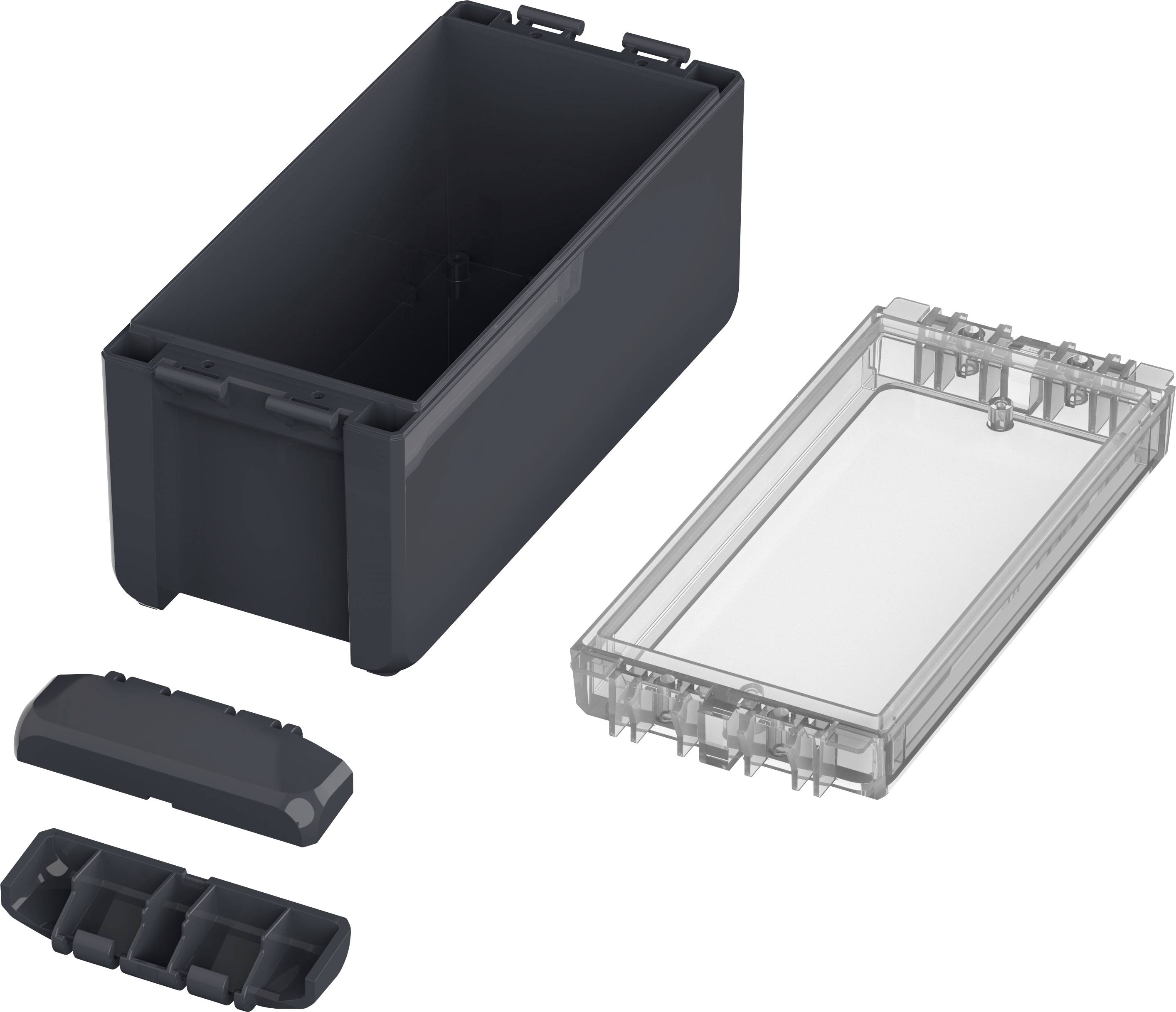 Ein rechteckiger schwarzer Behälter mit offenem Deckel und zwei abnehmbaren, transparenten Abdeckungen nebeneinander.