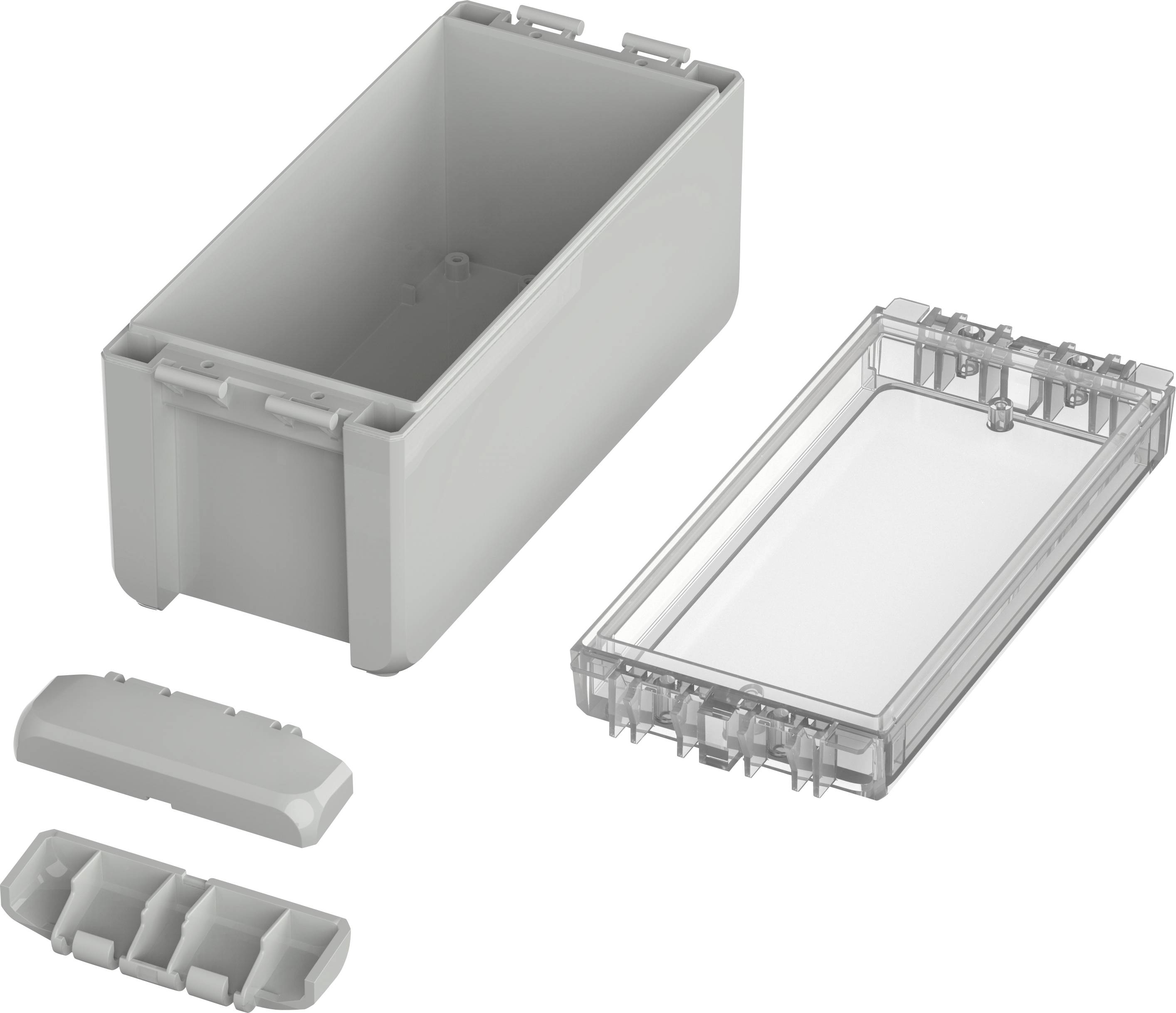 Graue Kunststoffbox mit abnehmbarem durchsichtigem Deckel; mehrere kleine Kunststoffteile neben der Box. Enthält kein weiteres Zubehör.