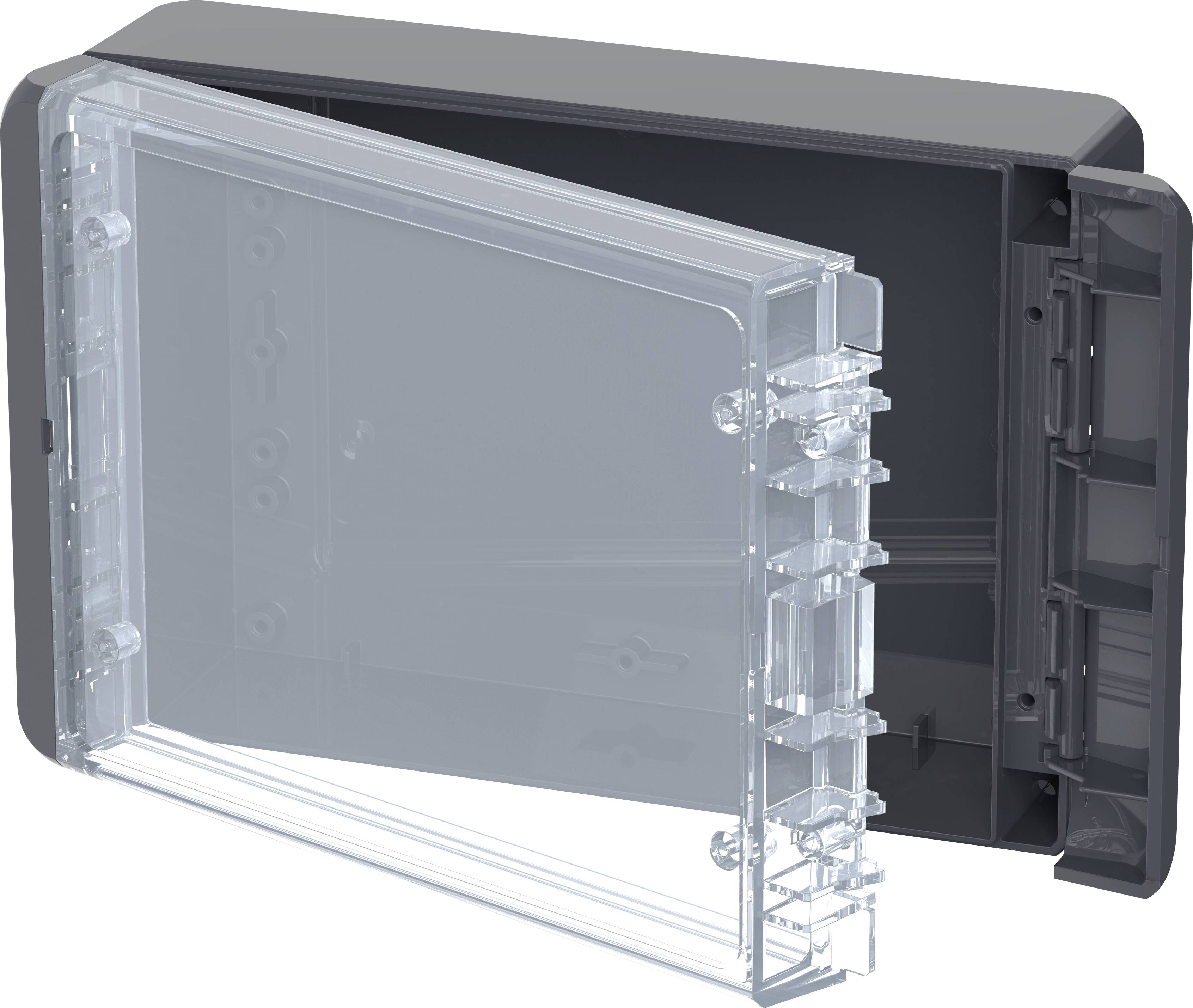 Ein transparentes Kunststoffgehäuse, das leicht geöffnet ist, zeigt ein rechteckiges, schützendes Design, geeignet für elektronische Geräte.