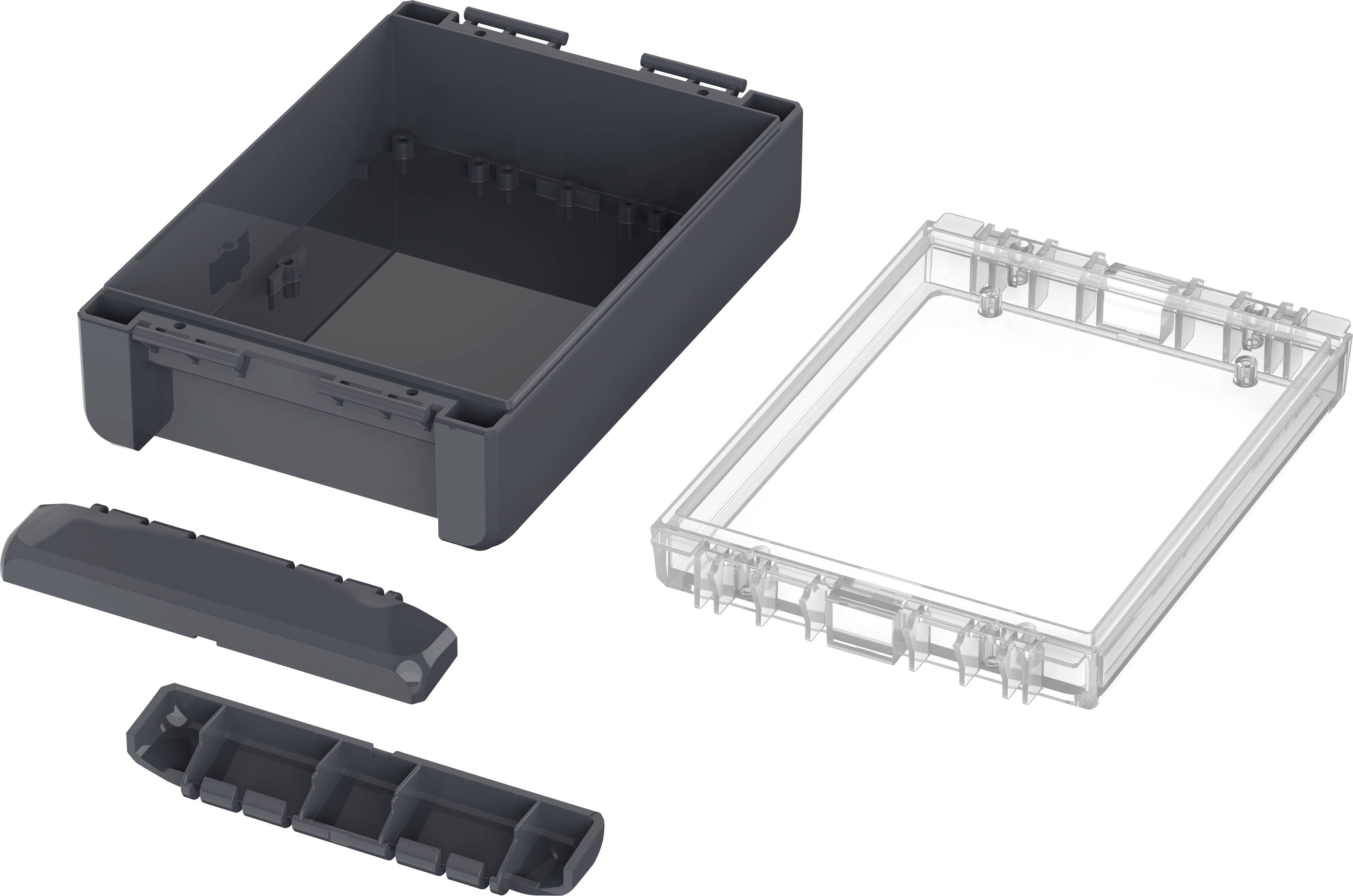 Schwarzes und transparentes Kunststoffgehäuse in Teilen. Enthält Boden, Deckel und zwei Seitenclips. Geeignet für Elektronikmontage.