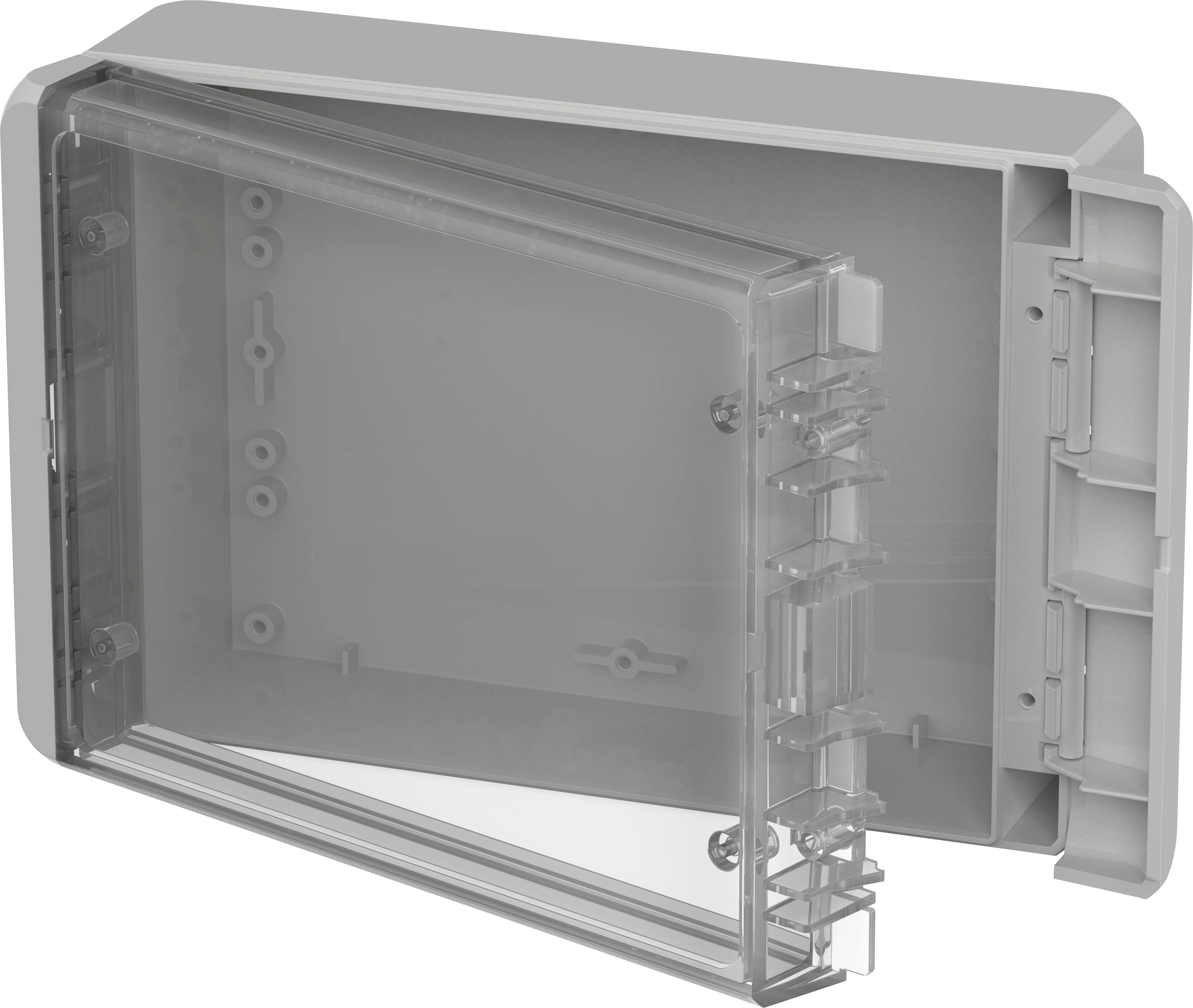Graues, rechteckiges Gehäuse mit durchsichtiger, aufgeklappter Frontabdeckung. Verwendet für Schutz von elektrischen Komponenten.