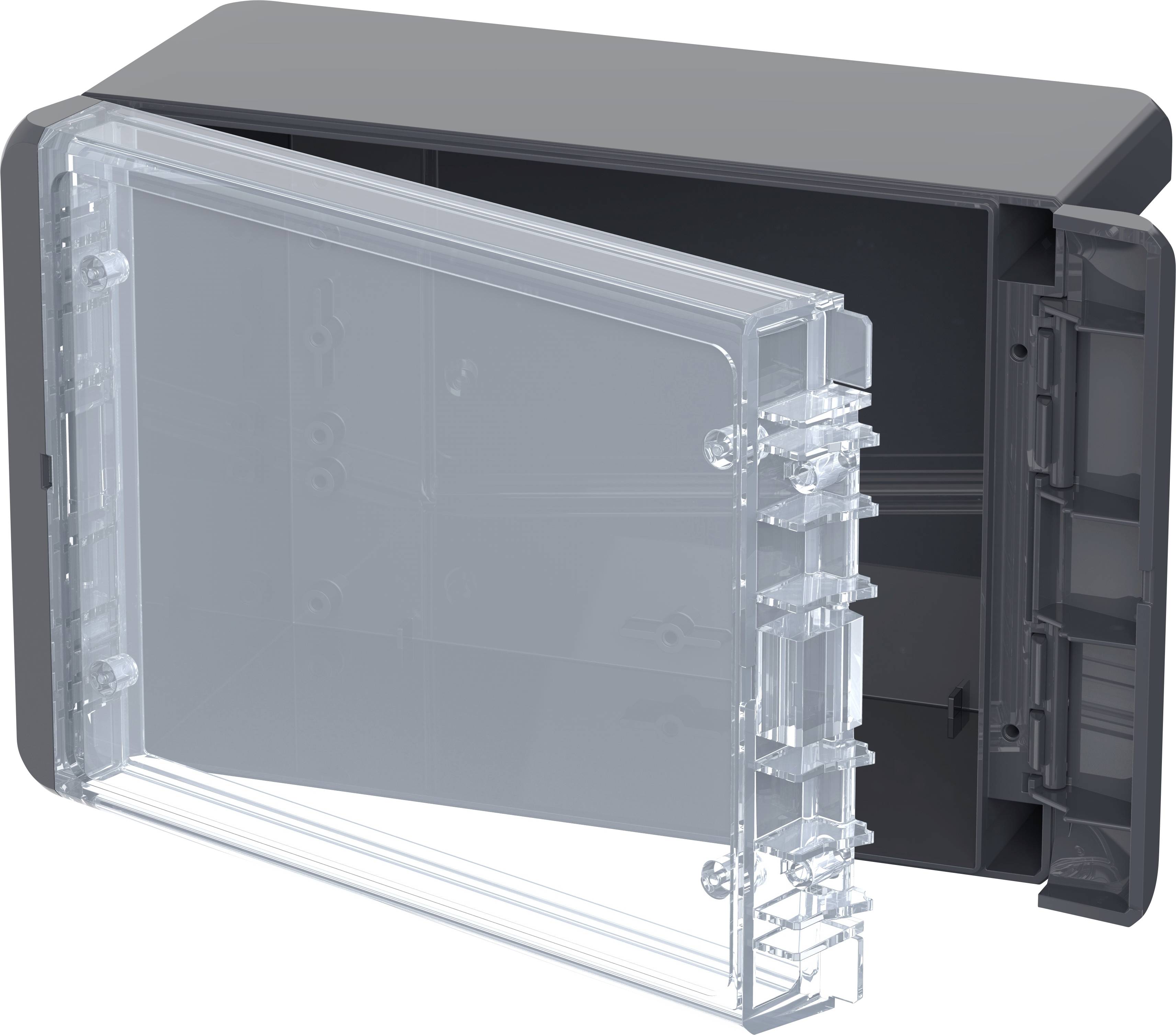 Eine schwarze, rechteckige Gehäusebox mit durchsichtiger, geöffneter Frontabdeckung, geeignet für den Schutz elektronischer Geräte.