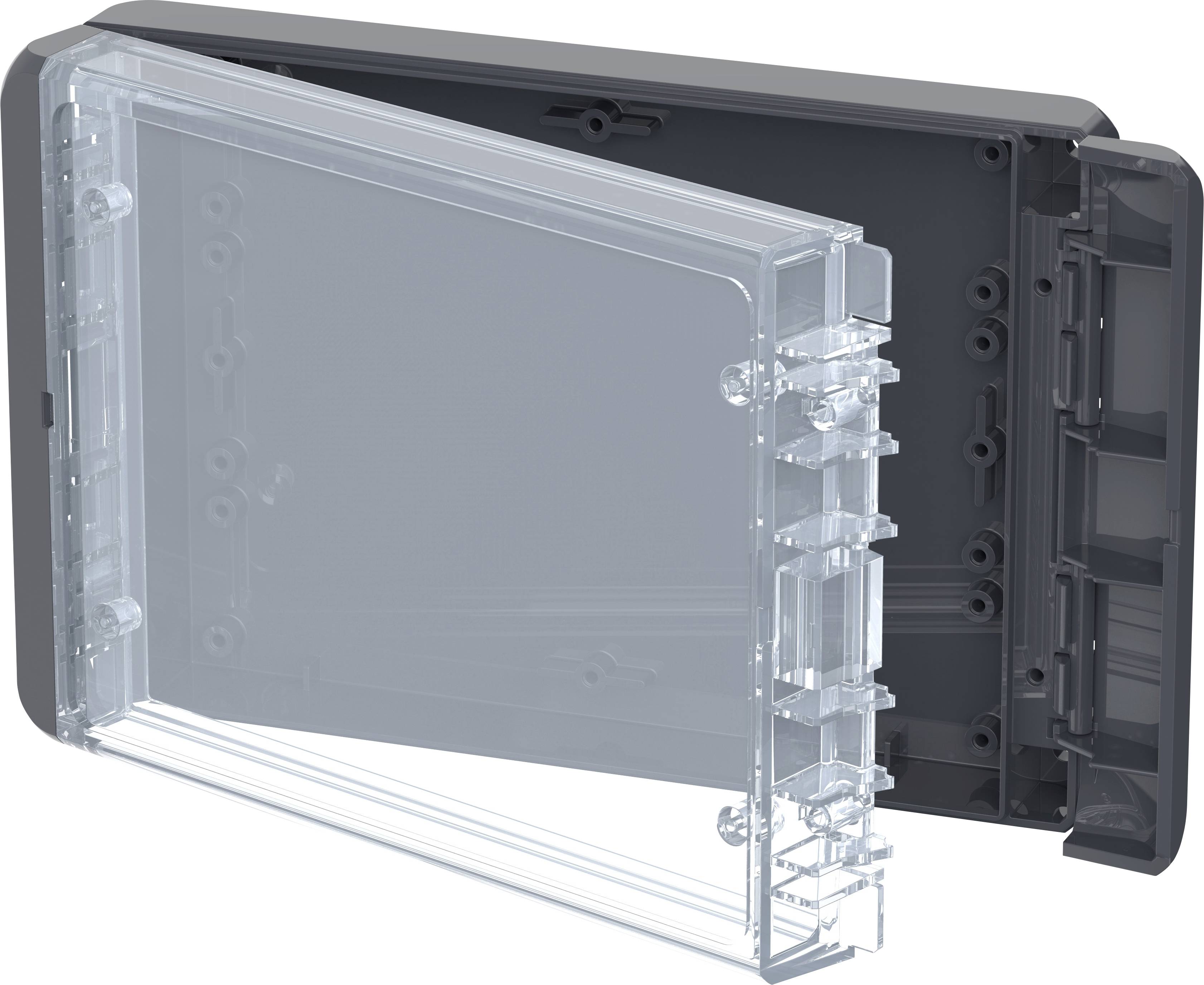 Ein transparentes, aufklappbares Kunststoffgehäuse mit einem schwarzen Rahmen, geeignet für den Schutz von elektronischen Komponenten.