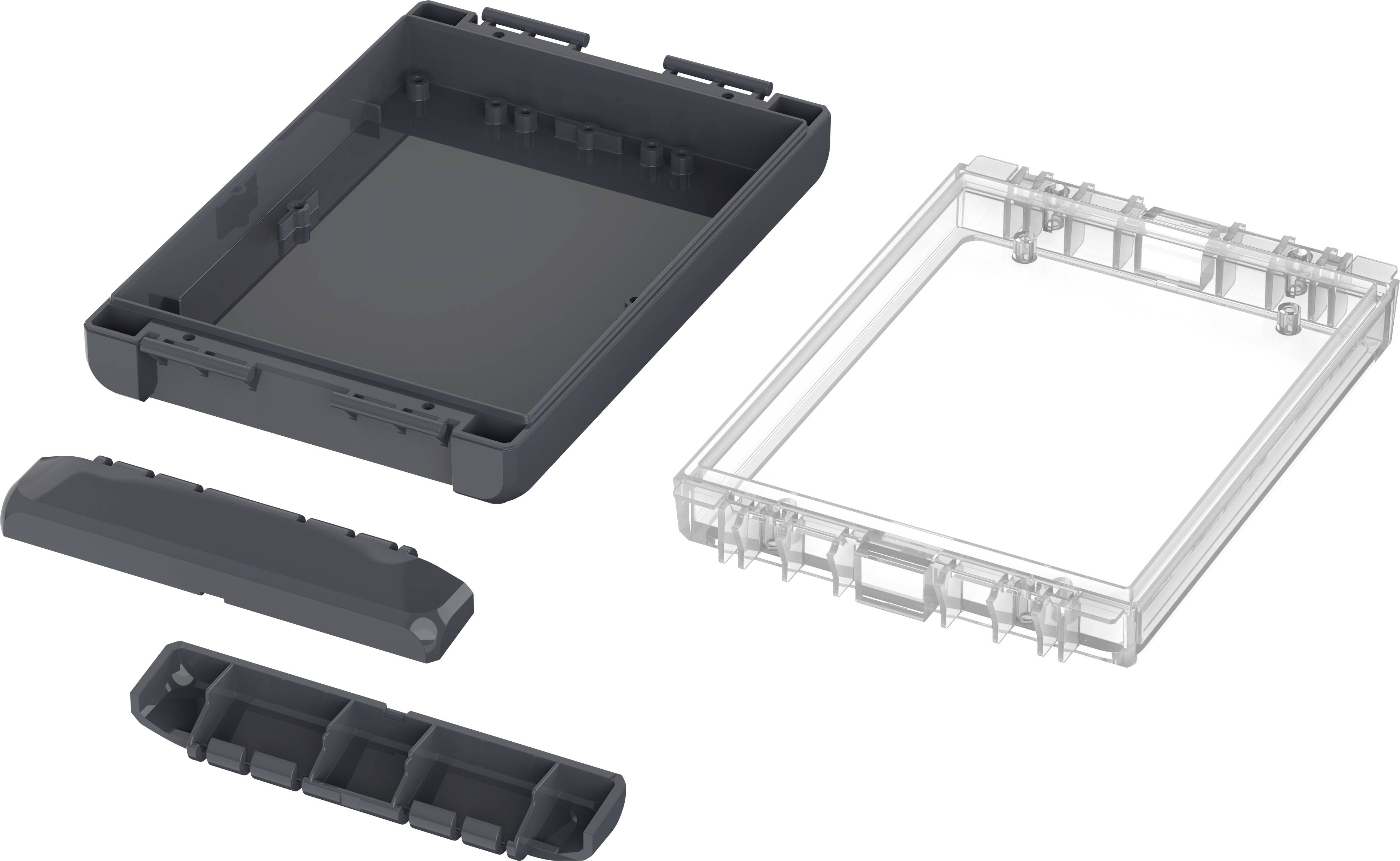 Eine zerlegte schwarze und transparente Gehäuseabdeckung in mehreren Teilen. Ideal zum Schutz und zur Montage elektronischer Geräte.