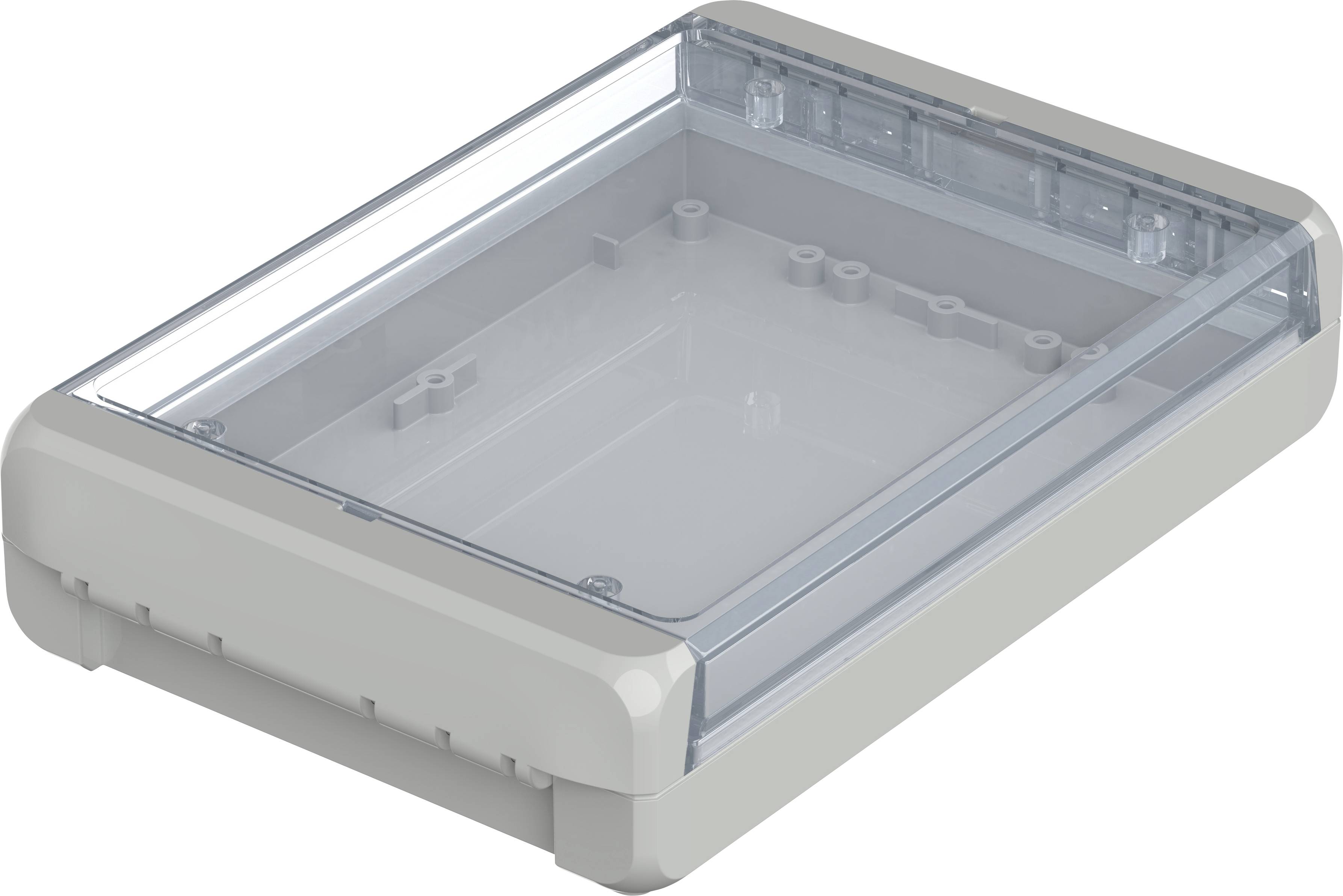 Ein rechteckiger, transparenter Kunststoffbehälter mit abnehmbarem Deckel, geeignet zum Schutz von elektronischen Bauteilen.