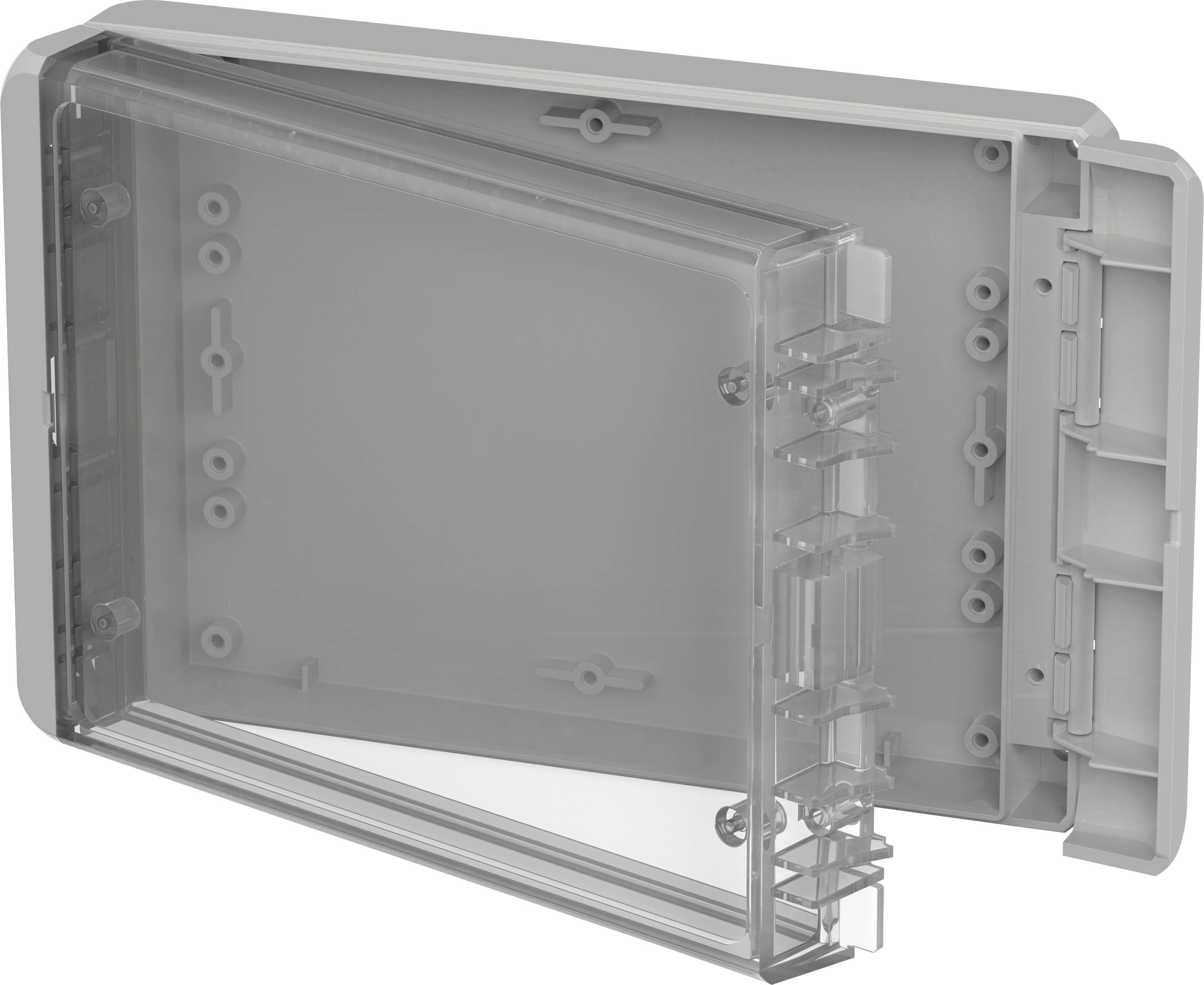 Eine graue Elektrokastenabdeckung ist geöffnet und zeigt detailreiche Scharniere und Befestigungsstellen.