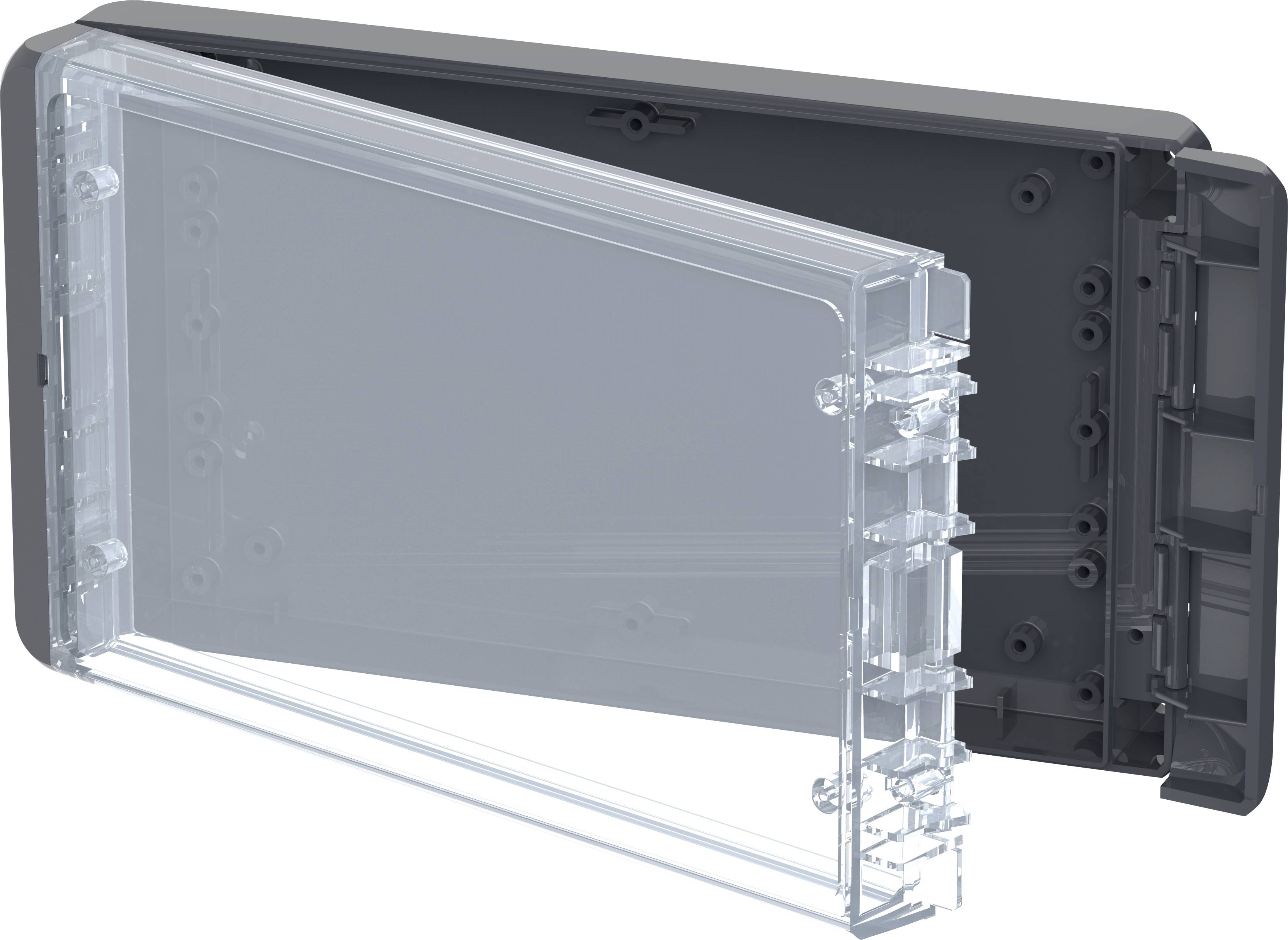 Geöffnete schwarze Kunststoffbox mit transparentem Deckel. Der Deckel ist abgenommen und zeigt die Innenseite der Box deutlich.
