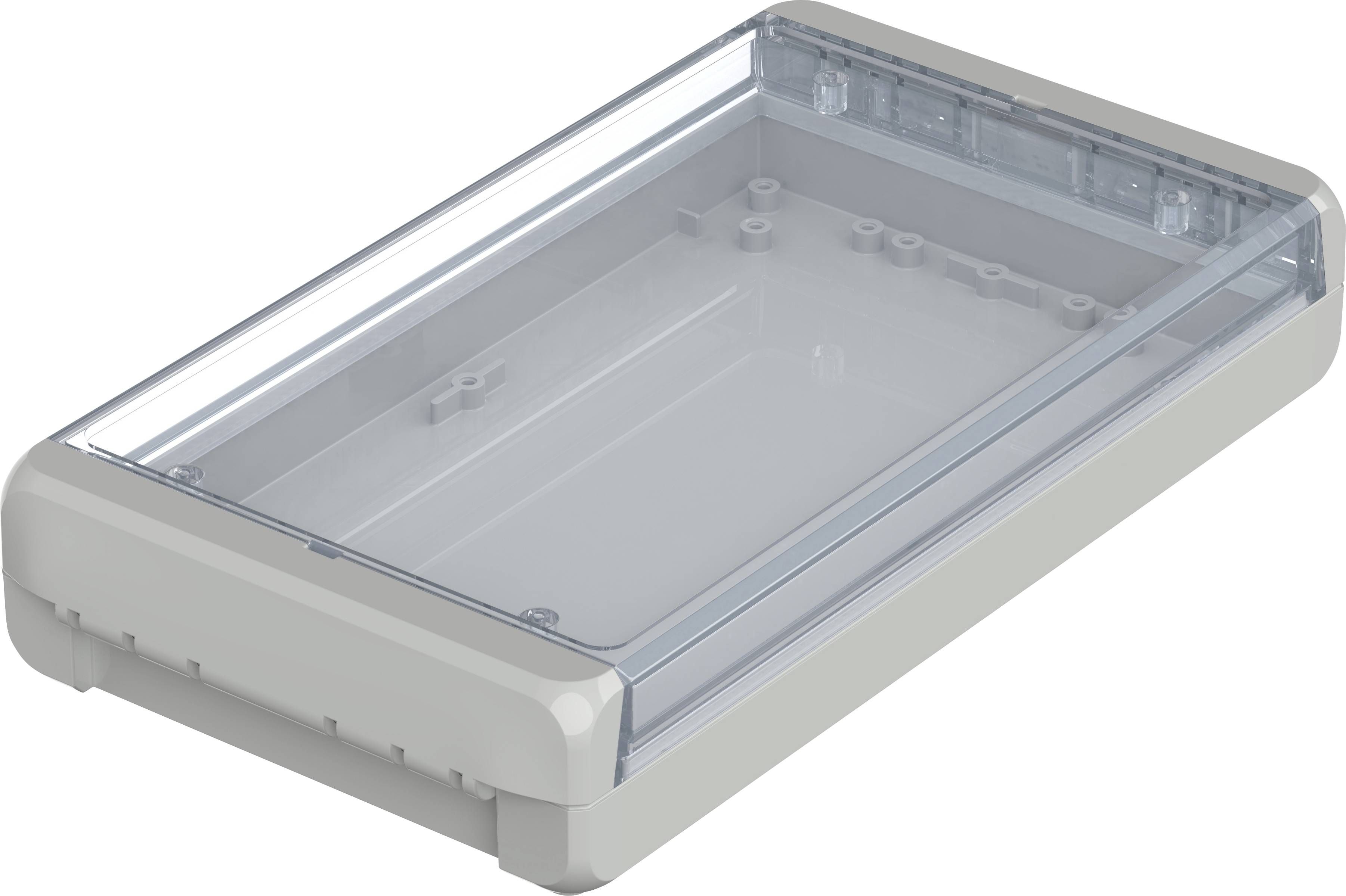 Plastikkasten mit transparentem Deckel, rechteckige Form, leicht erhöhter Rahmen.