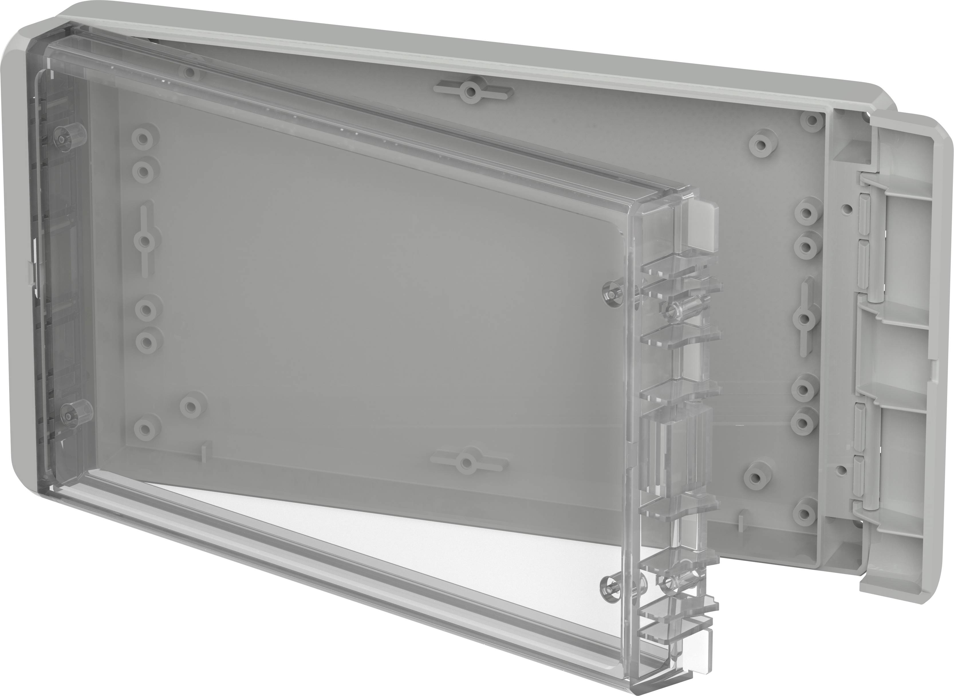 Graues, geöffnetes Kunststoffgehäuse mit transparentem Deckel und mehreren Befestigungspunkten. Geeignet für Elektronikbauteile.