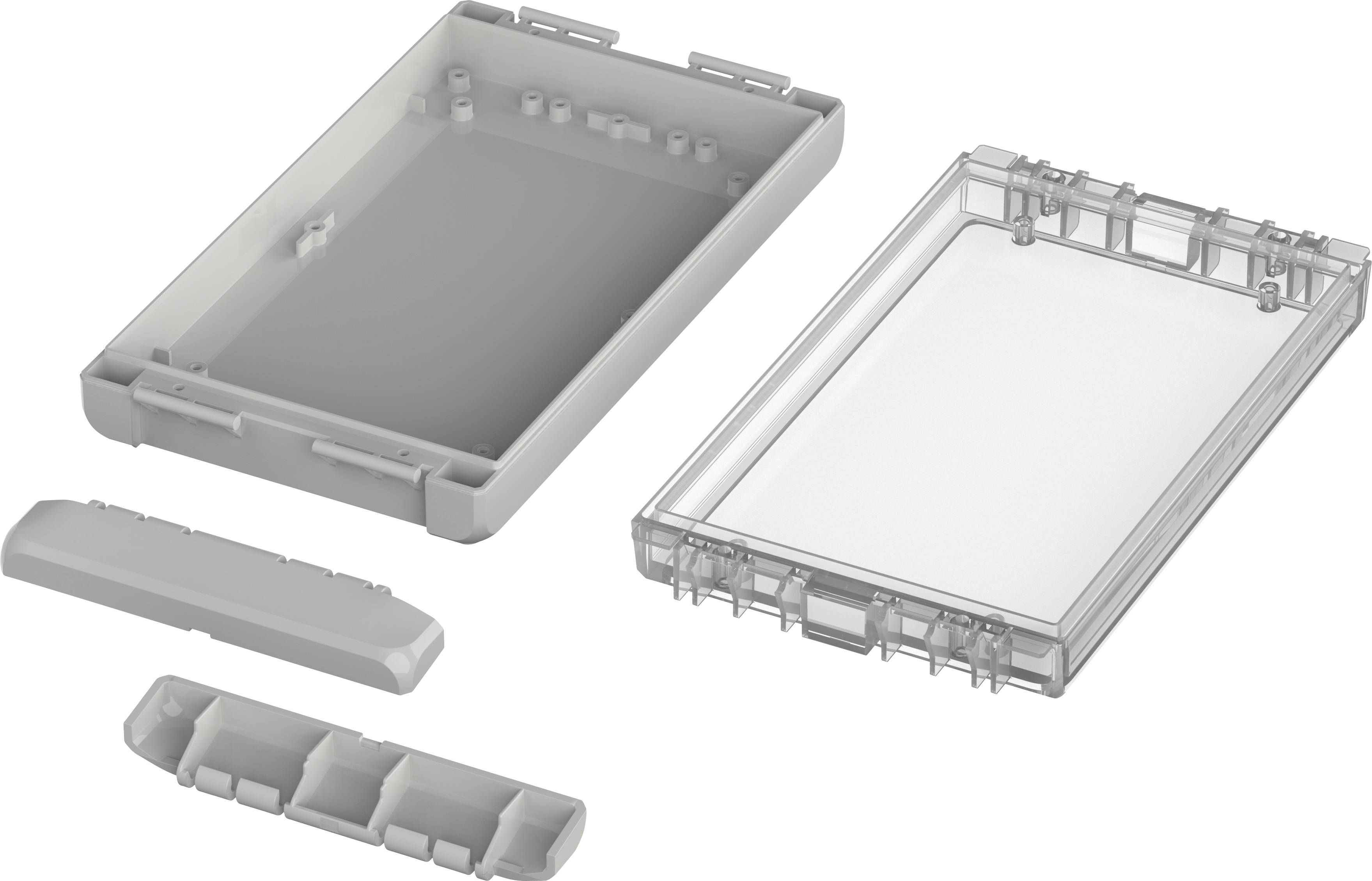 Kunststoffgehäuse in zwei Teilen mit abnehmbaren Komponenten; transparent und grau; für elektronische Geräte.