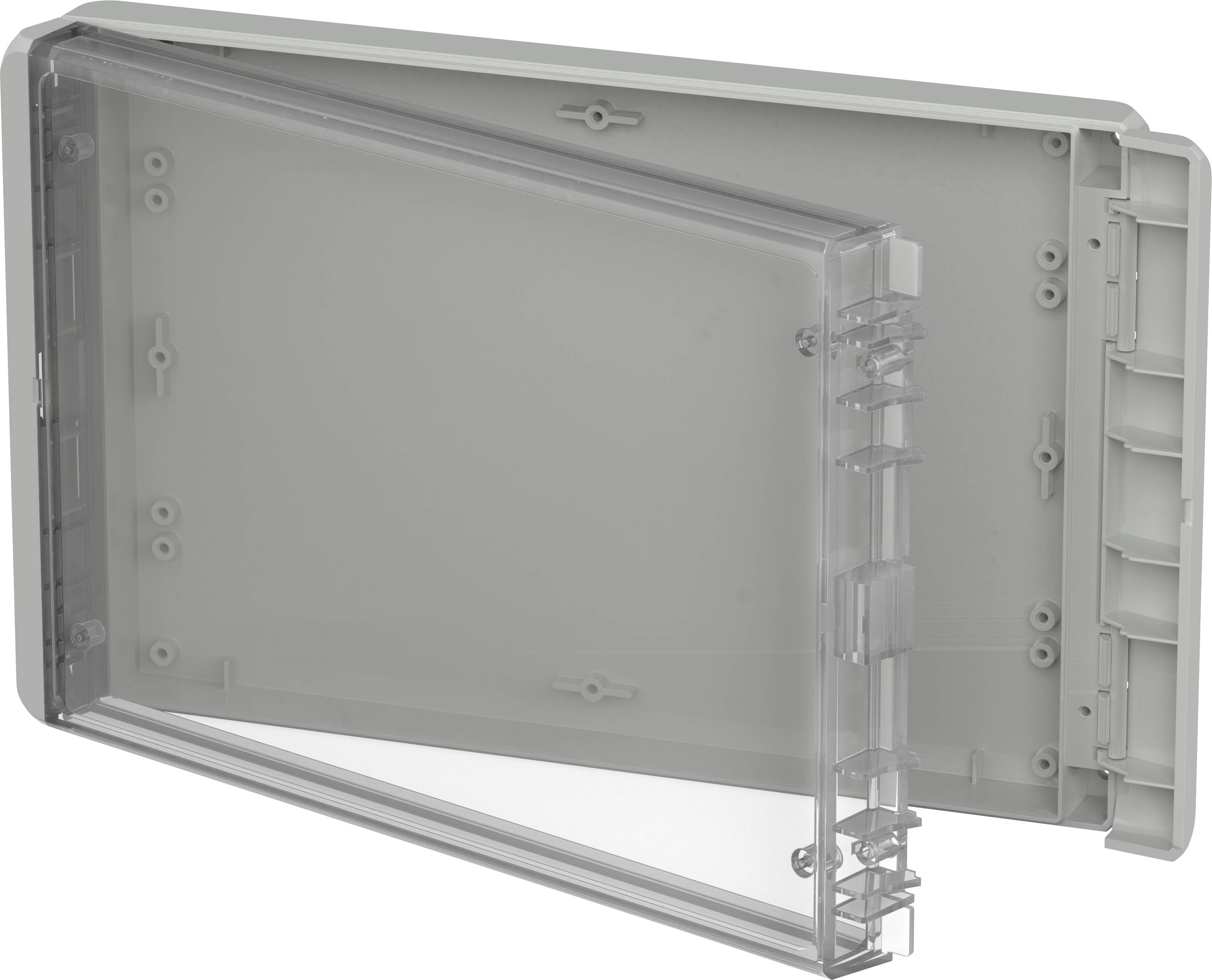 Graues, geöffnetes Kunststoffgehäuse mit transparentem Deckel, verwendet zur sicheren Aufbewahrung elektronischer Komponenten.