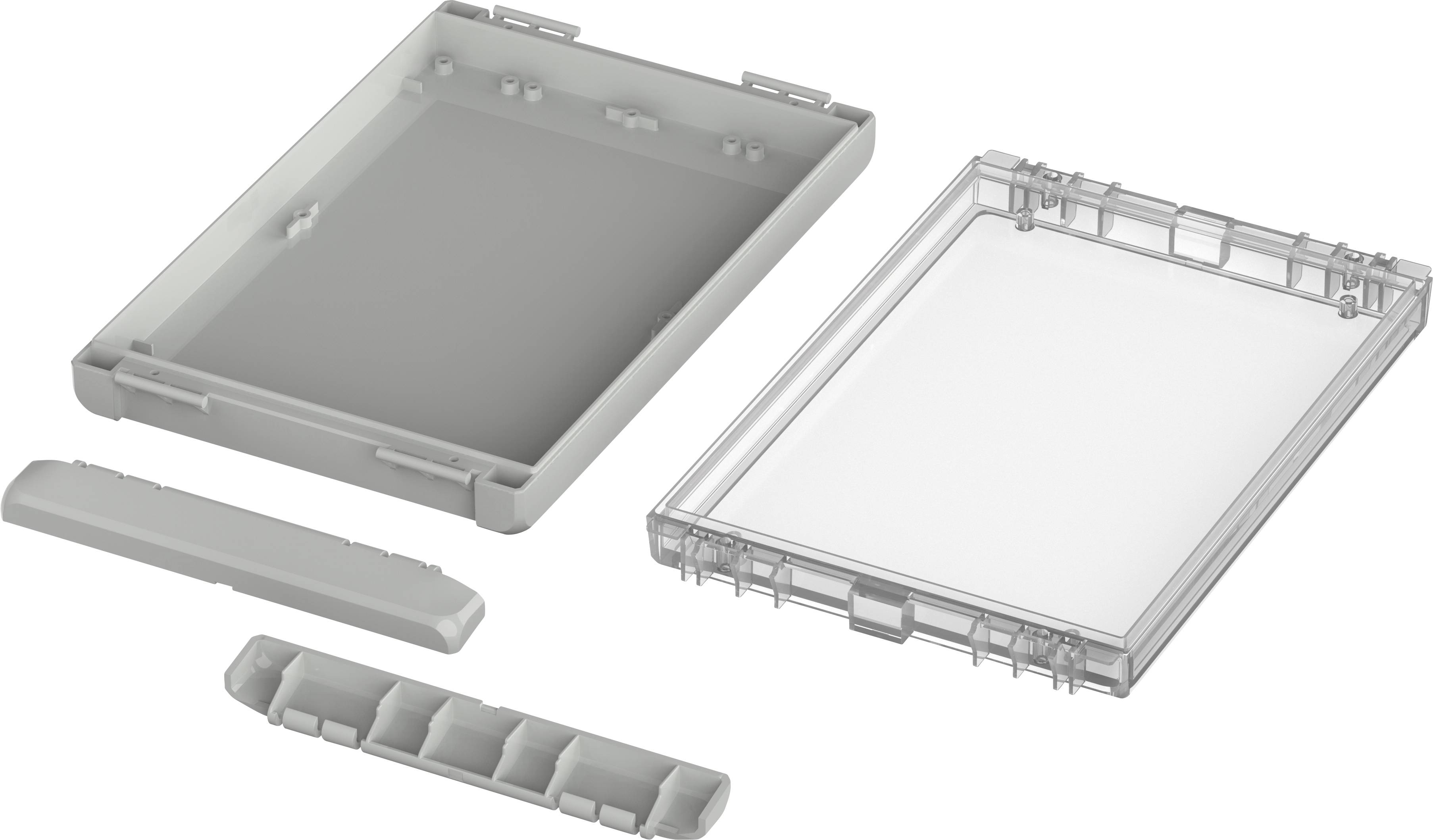 Plastikgehäuseteile in verschiedenen Größen, gezeigt in Einzelteilen und zusammengebaut.