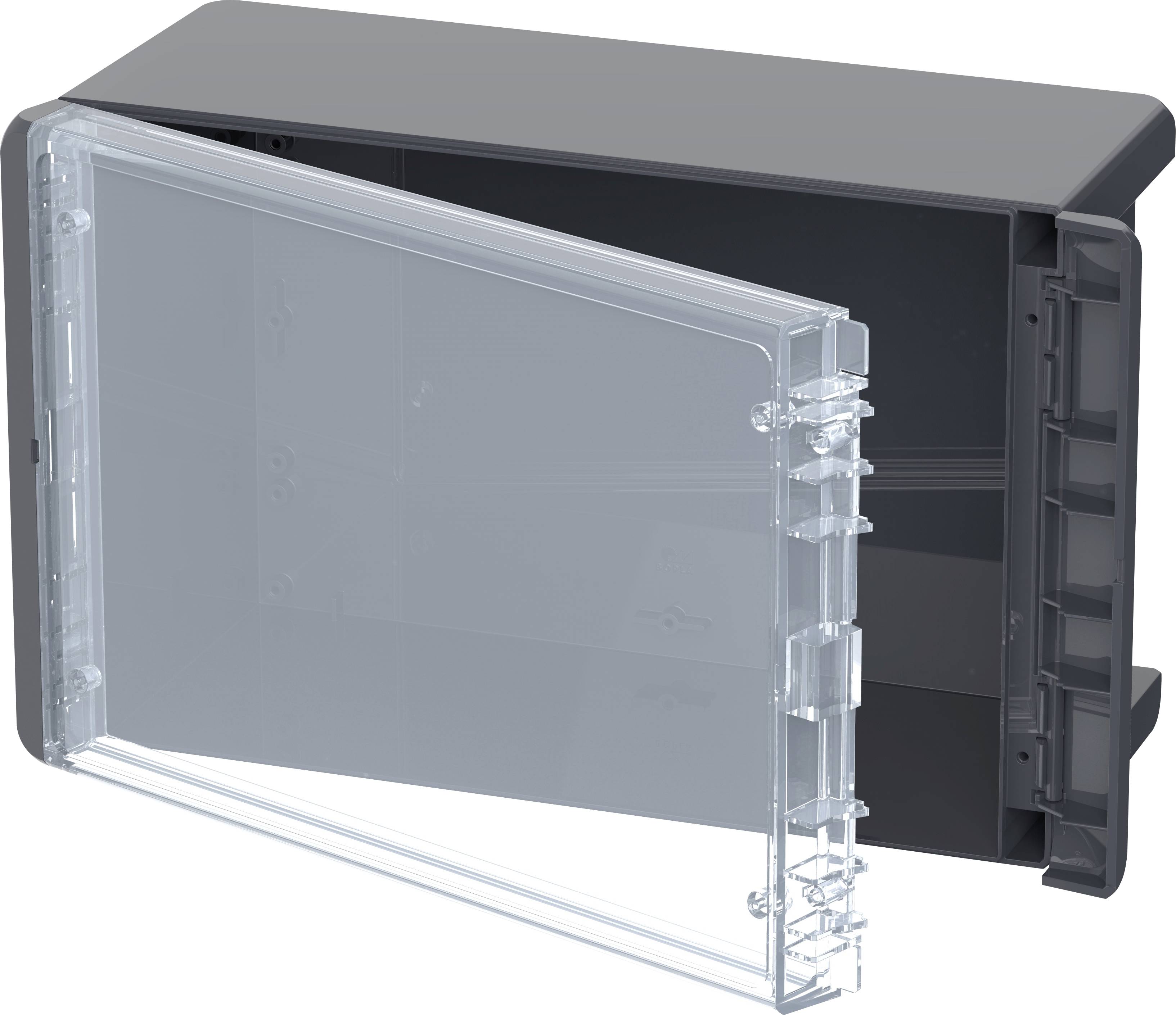 Gehäuse mit transparentem Deckel, teilweise geöffnet. Schwarzes, rechteckiges Design für Elektronik oder Kabelmanagement.