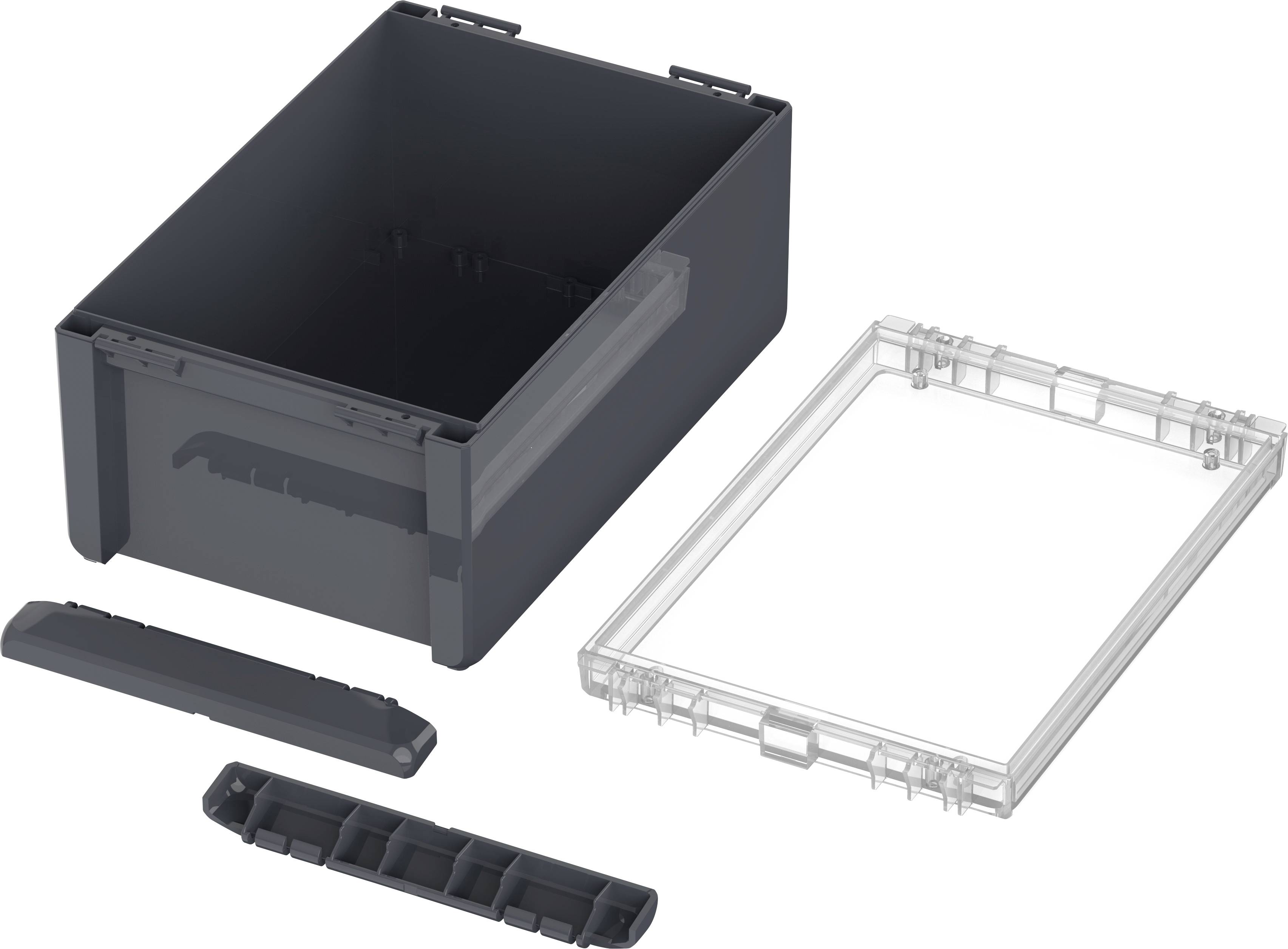 Ein stapelbarer Behälter mit geöffnetem Deckel und herausnehmbaren Fächern, geeignet zur Aufbewahrung von Kleinteilen.