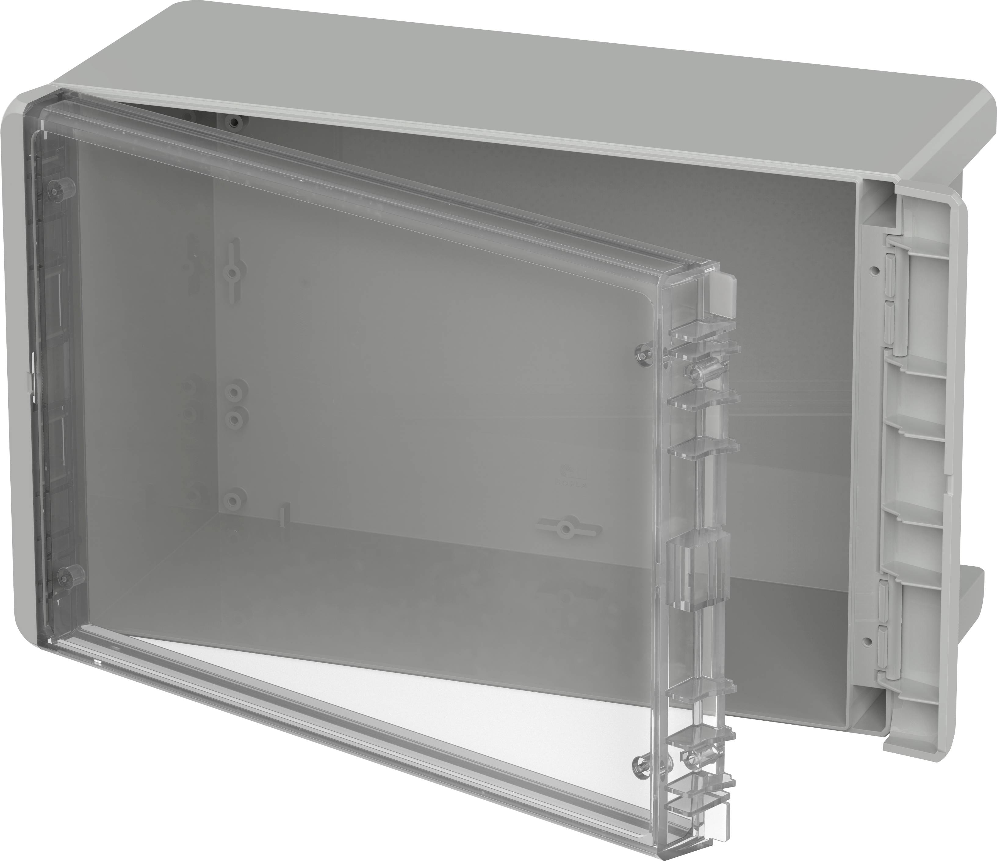Kunststoff-Wandgehäuse mit offenem, durchsichtigem Deckel. Geeignet für Montage elektrischer Komponenten.