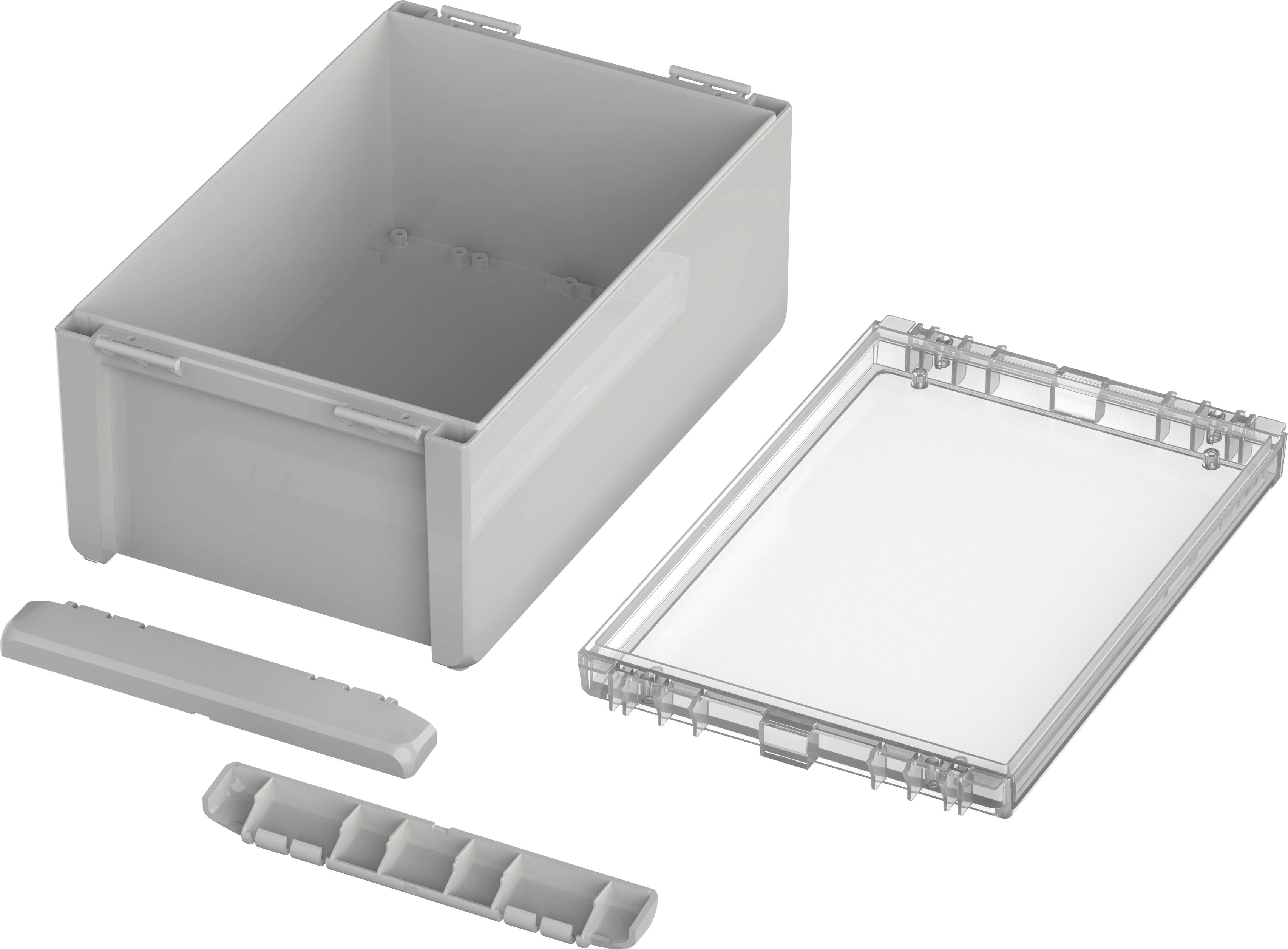Grauer, rechteckiger Kunststoffbehälter mit abnehmbarem, klarem Deckel neben einer Einlage mit Fächern und einem schmalen Streifen.