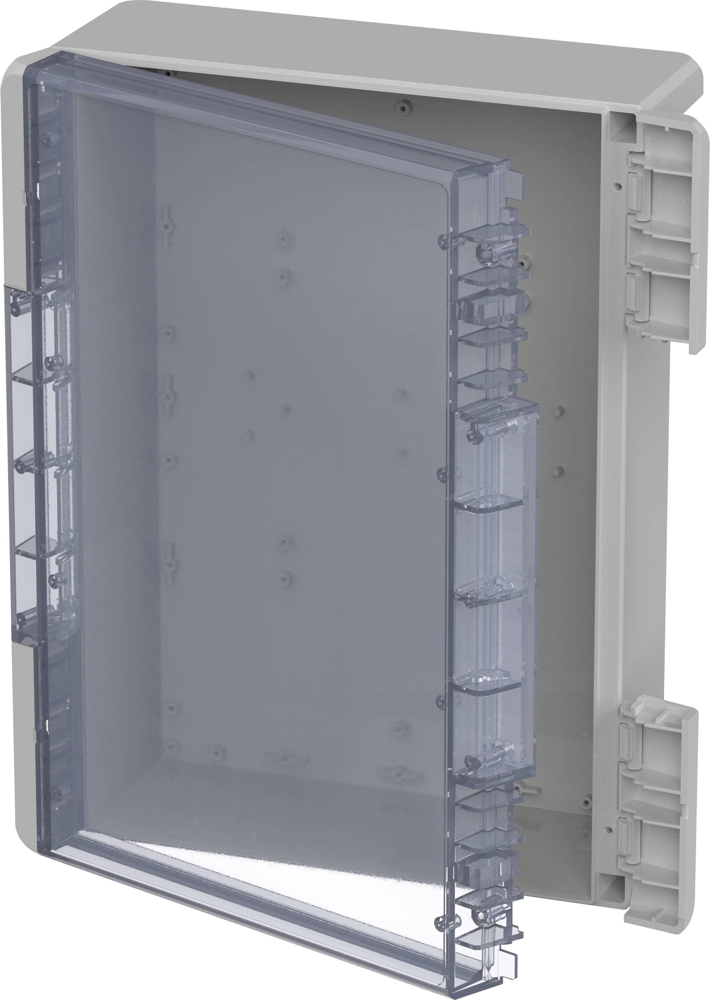 Ein grauer, rechteckiger Schaltschrank mit geöffneter, transparenter Tür. Eignet sich zur Montage von elektrischen Komponenten.