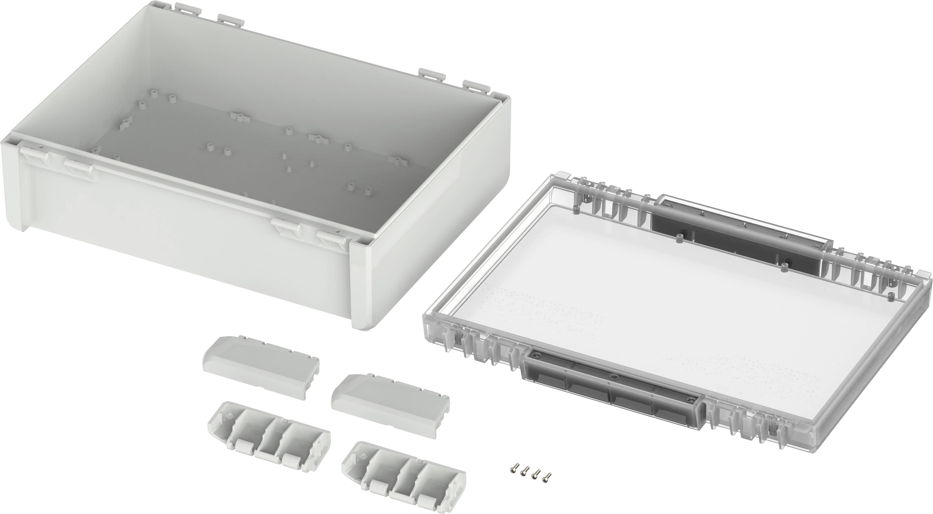 Ein graues, leeres Kunststoffgehäuse mit abnehmbaren Deckel und verschiedenen Steckverbindungen, geeignet für Elektronikkomponenten.