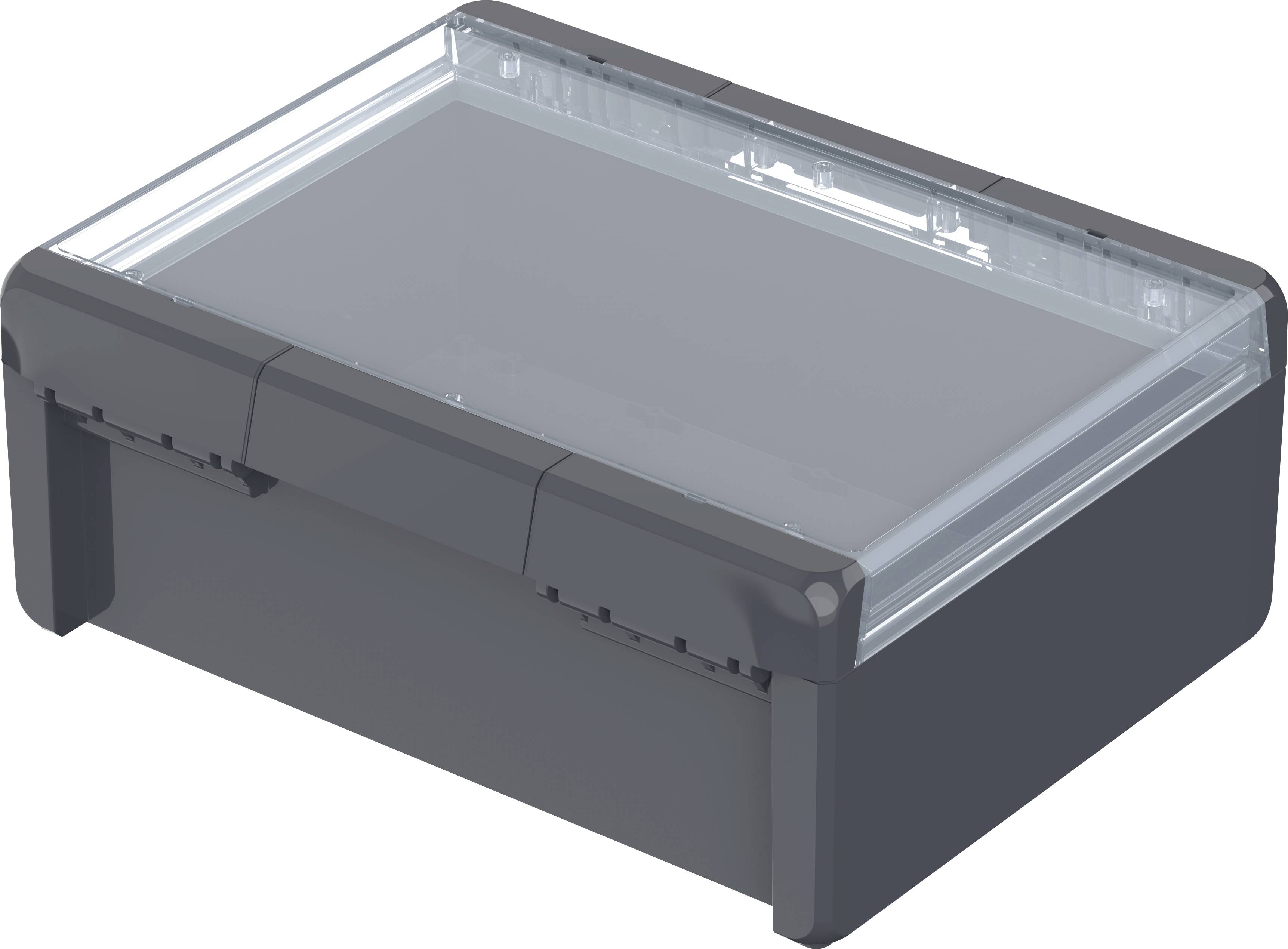 Kunststoffgehäuse mit transparentem Deckel, geeignet für den Schutz elektronischer Komponenten. Rechteckige Form und graue Farbe.