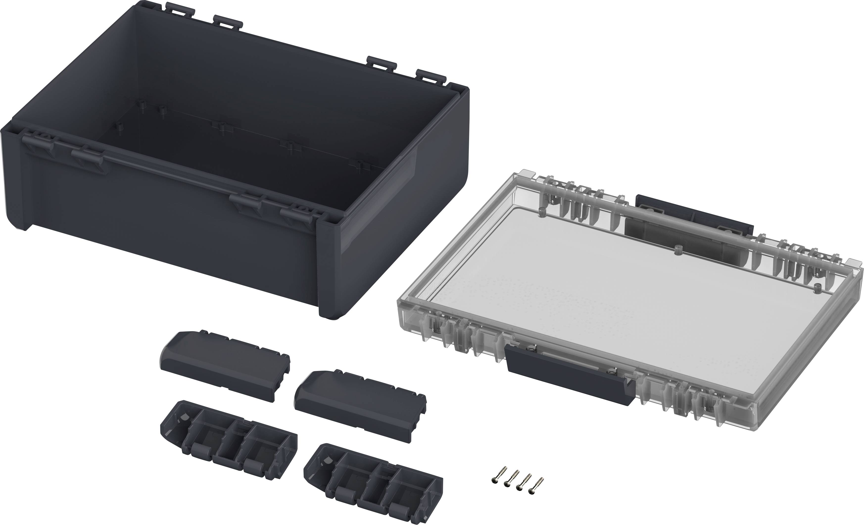 Schwarze Kunststoffbox, zerlegt in Deckel, Boden und Fachtrennungen. Drei Schrauben liegen daneben. Geeignet für Aufbewahrung von Kleinteilen.
