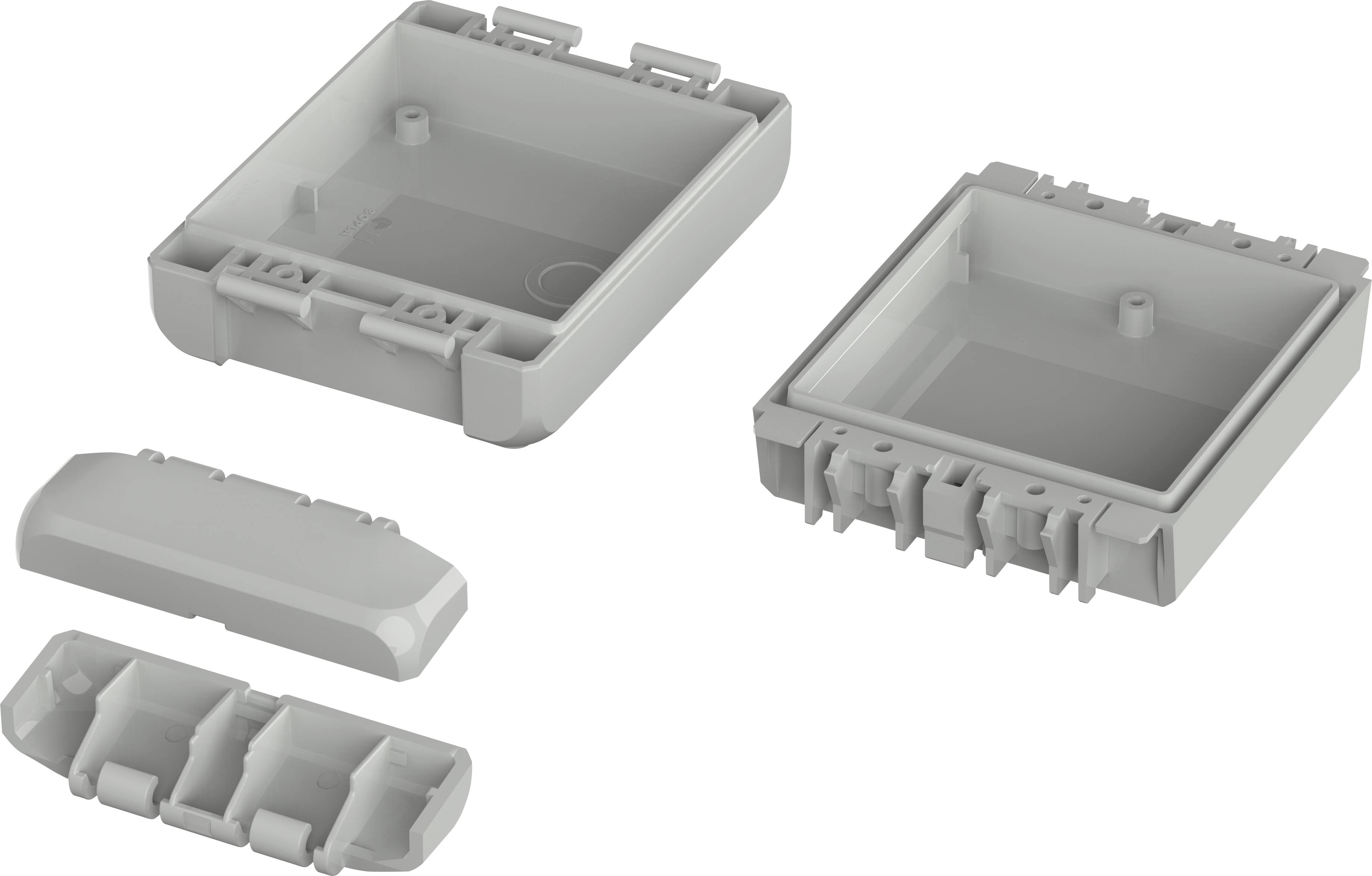 Rechteckiges graues Gehäuse aus Kunststoff, in Teilen zerlegt, zeigt die Innen- und Außenseiten. Geeignet zur Elektronikmontage.