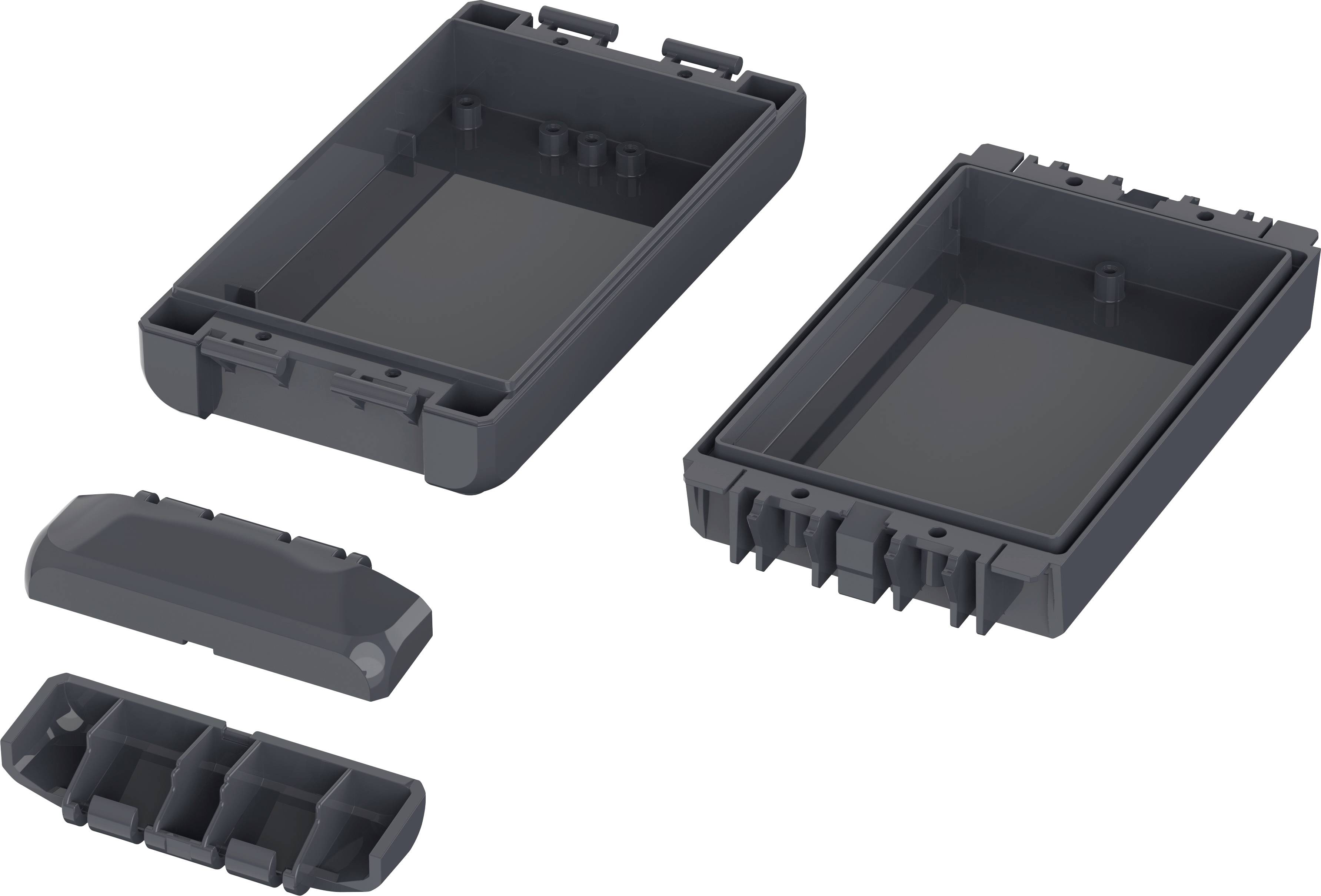 Zwei schwarze, leere Plastikgehäuse mit abnehmbaren Abdeckungen, nebeneinander angeordnet, zeigen die Innenstruktur.