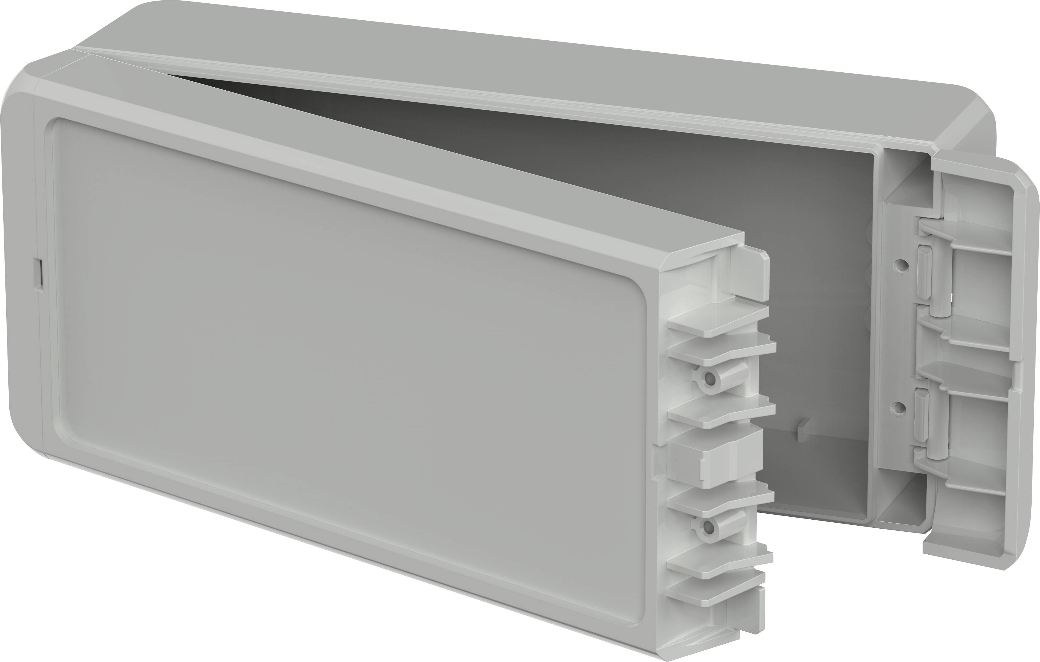 Graues rechteckiges Kunststoffgehäuse, teilweise geöffnet, mit Scharnieren und innenliegenden Befestigungselementen.