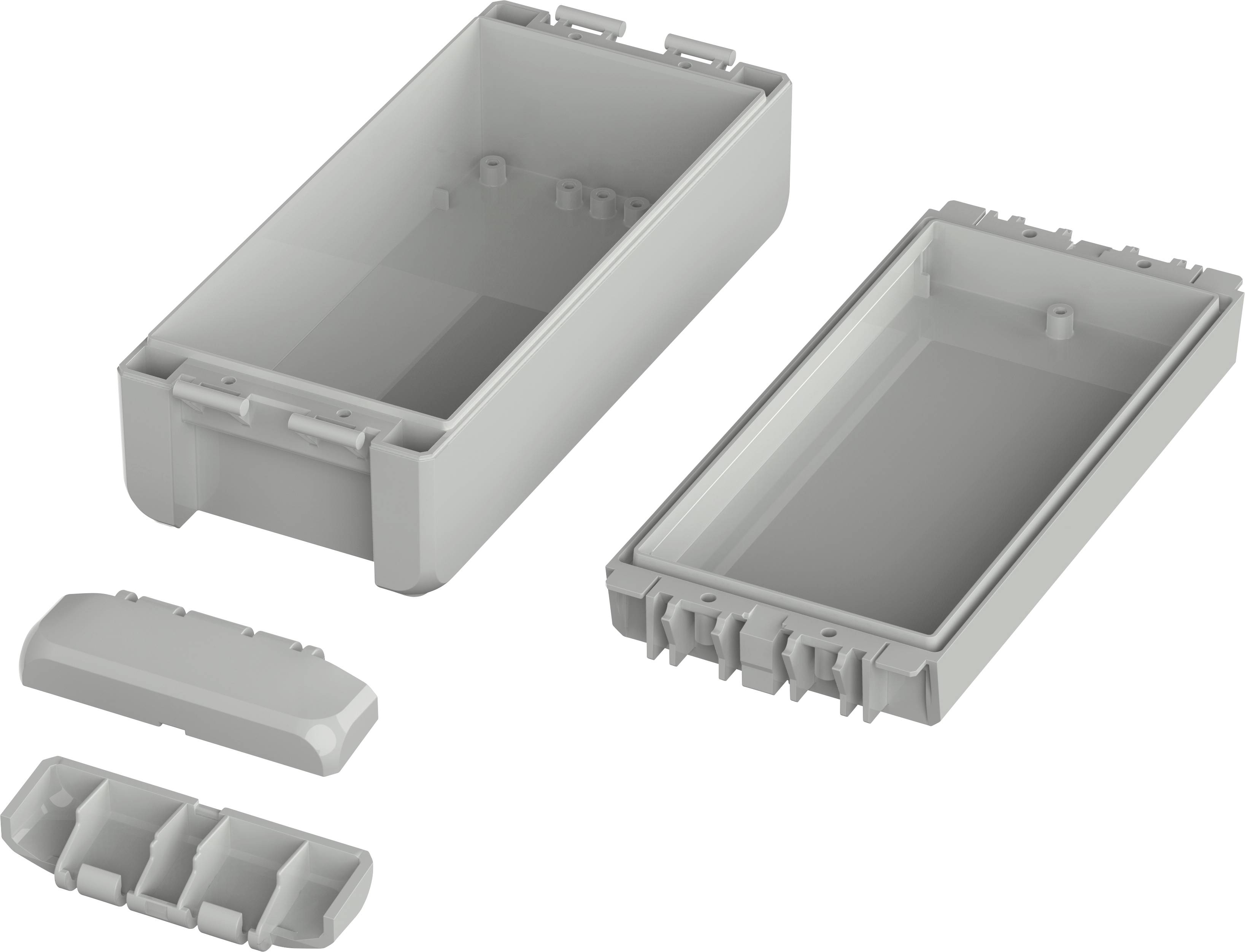 Graues, rechteckiges, modulares Kunststoffgehäuse mit abnehmbaren Deckeln, gezeigt in offenen und geschlossenen Ansichten.
