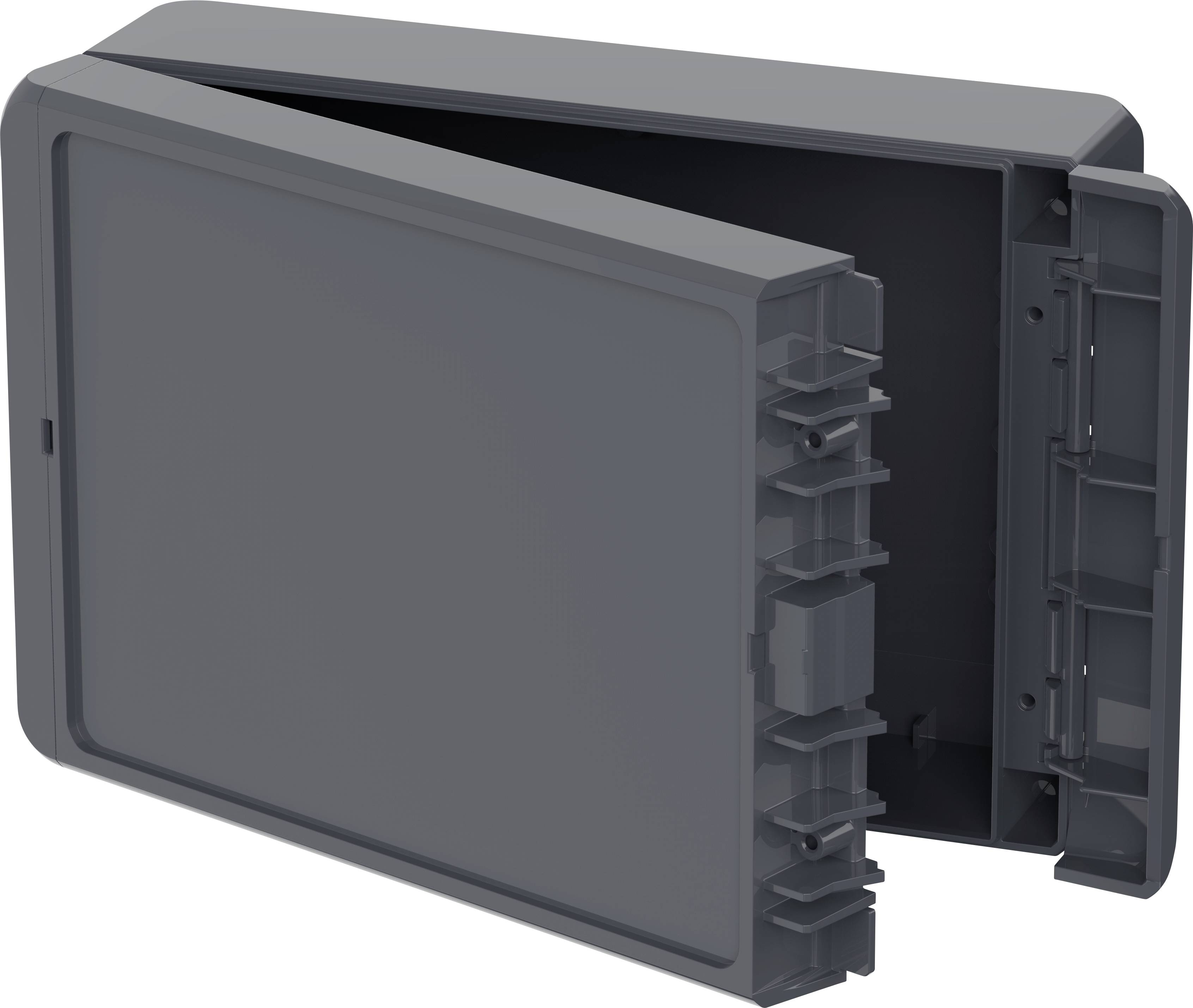 Dunkles, rechteckiges Kunststoffgehäuse mit aufgeklappter Abdeckung, zeigt innere Fächer und Halterungen.