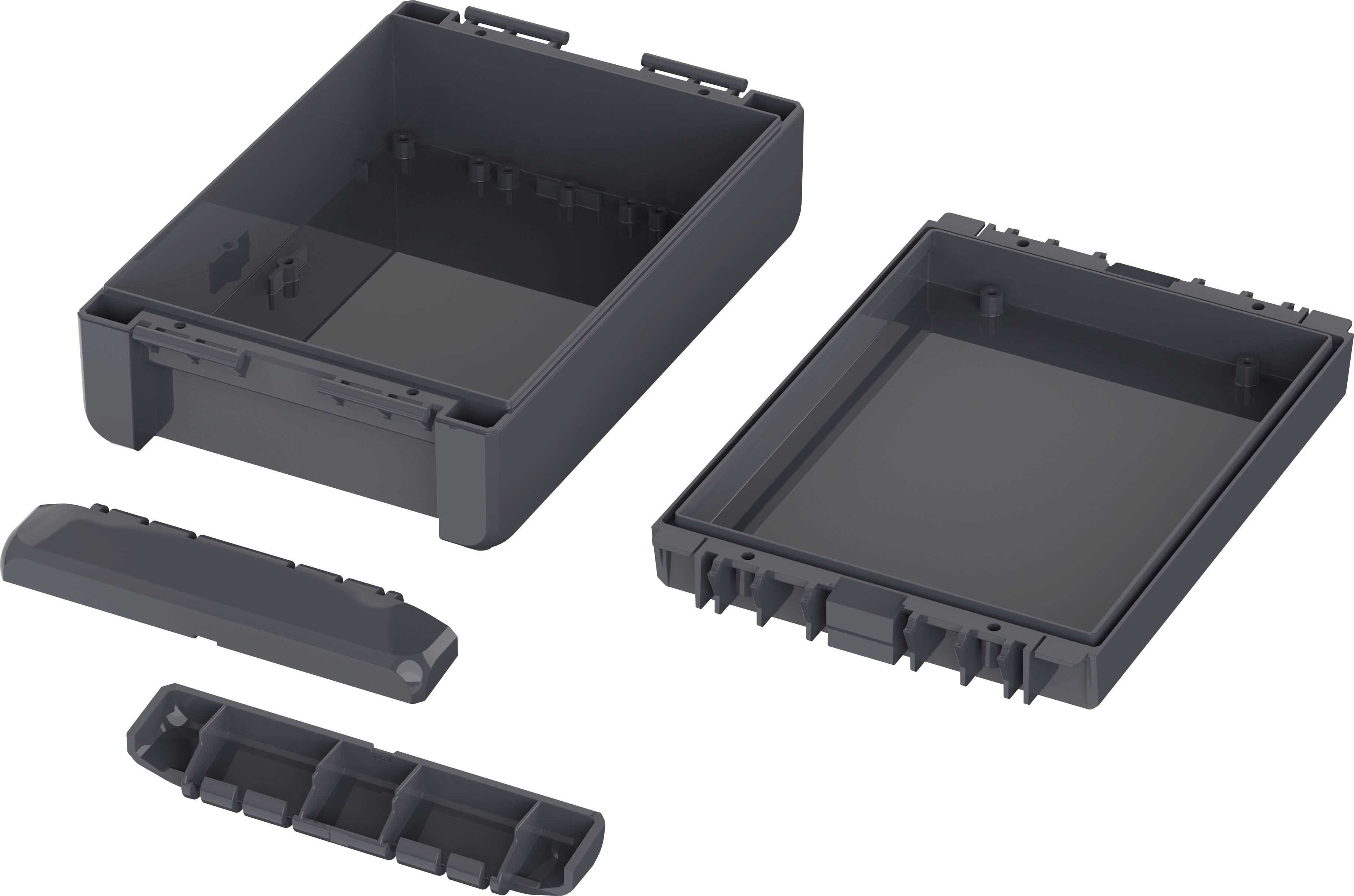 Drei Öffnungs- und Befestigungselemente eines rechteckigen, schwarzen Gehäuses, das in mehreren Teilen gezeigt wird.